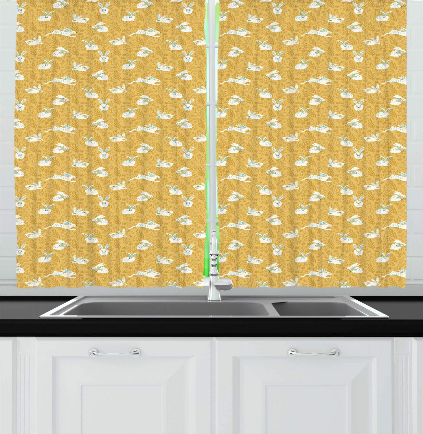 Ambesonne Bunny Kitchen Curtains Set of 2 Panels - Countryside Field Nature Inspired Design with Floral & Animal Patterns - 55