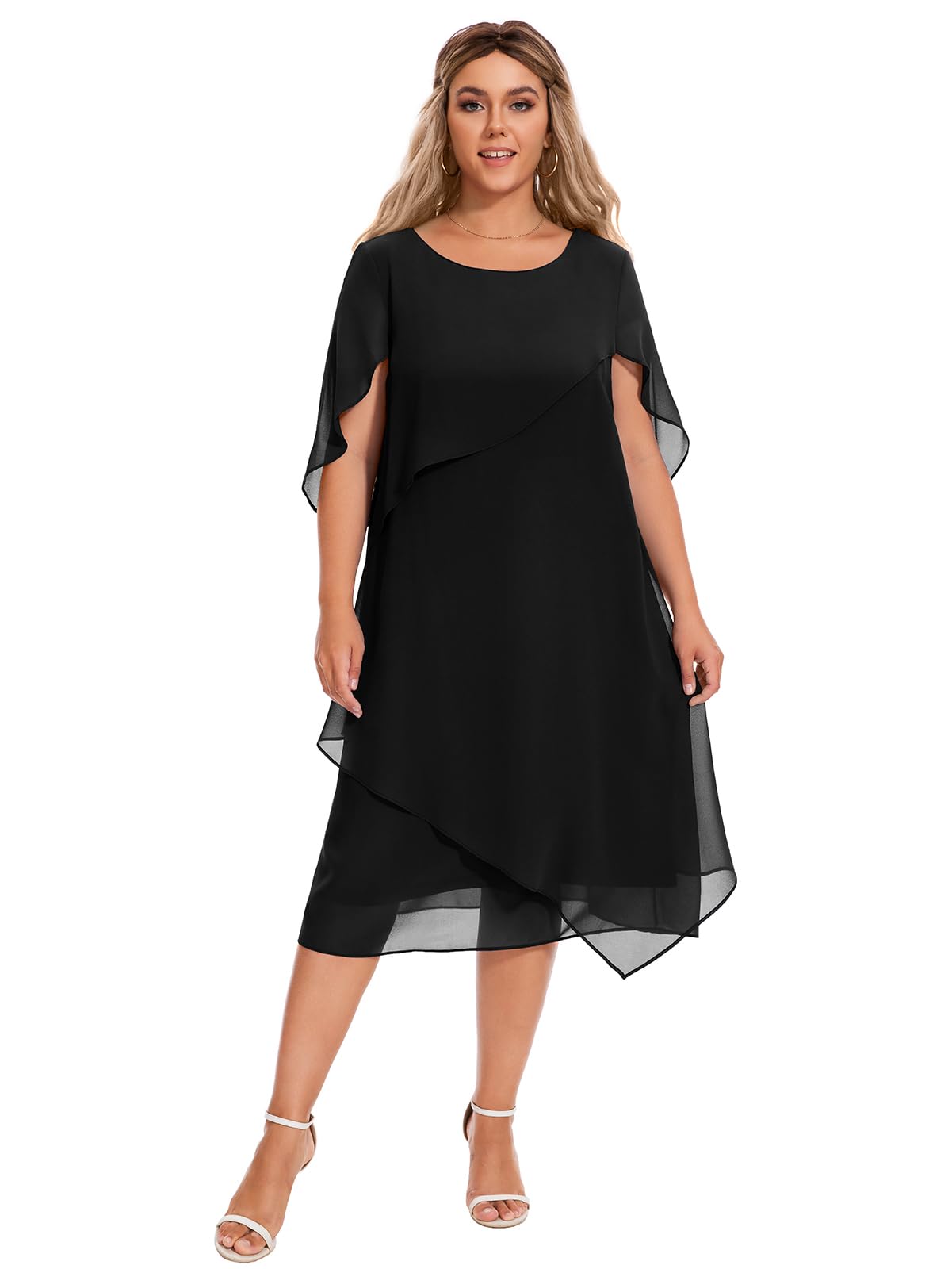 Elegant Plus Size Cape Dress with Chiffon Overlay for Women - Wedding Guest & Cocktail Party Attire | Perfect for Formal Events, Evening Galas, and Special Occasions