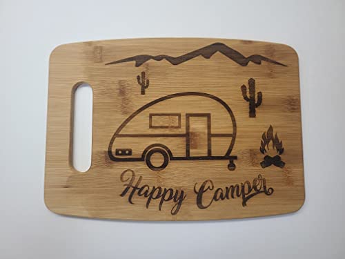 Happy Camper RV Trailer Camping - Premium Bamboo Cutting Board 13x9 Inch - Durable Kitchen Carving Board for Meat, Cheese & Vegetables - Perfect for RV Travel, Picnics & Outdoor Cooking