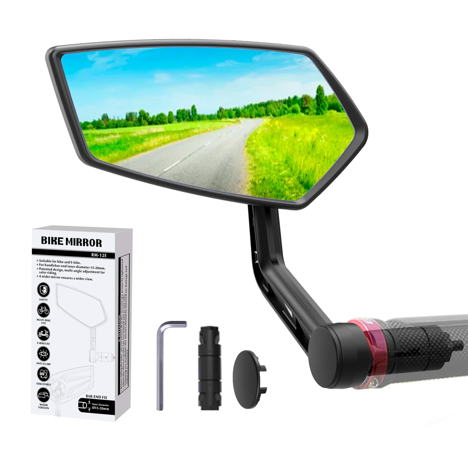 RBRL Bike Mirror Bar End - Rotatable Bicycle Side Mirror with Automotive Grade Glass | Universal Scratch-Resistant Rearview Mirror for Mountain Bikes, E-Bikes & Road Bikes (Left) | Perfect for Safe Cycling & Commuting