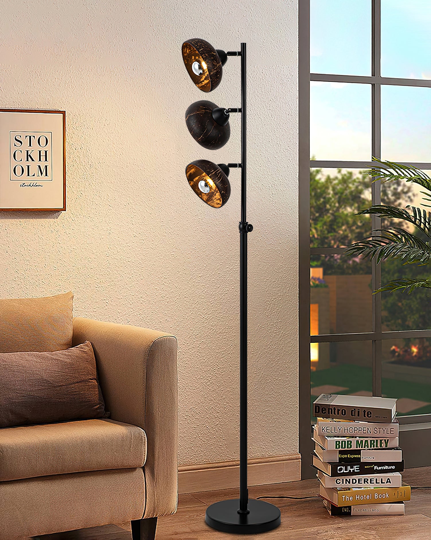 Modern Black Shell Floor Lamp for Living Room - Adjustable Standing Light with Fabric Shade, Perfect for Bedroom, Office & Reading Nook