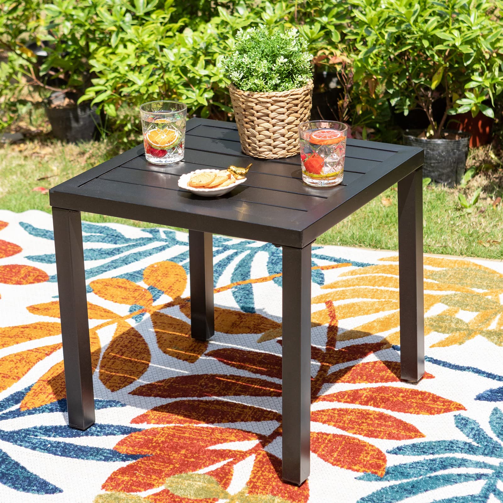 MFSTUDIO Black Metal Square Patio Table - Adjustable Outdoor Coffee Tea Bistro Side Table for Garden, Balcony & Backyard (Black)