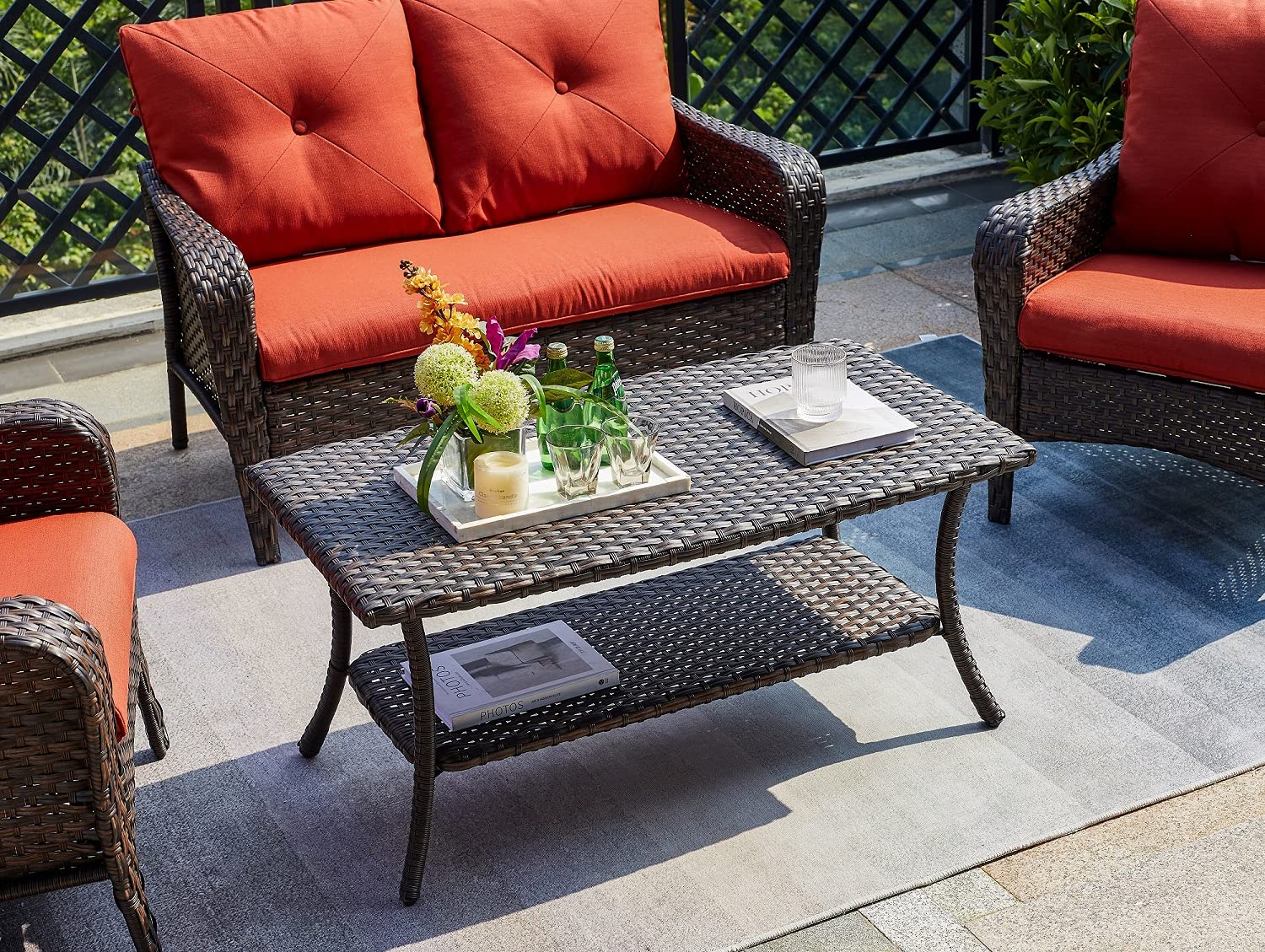 Brown Rattan Coffee Table with 2-Tier Storage Shelf & PP Board - Outdoor Patio Furniture for Garden, Balcony, and Poolside Conversations
