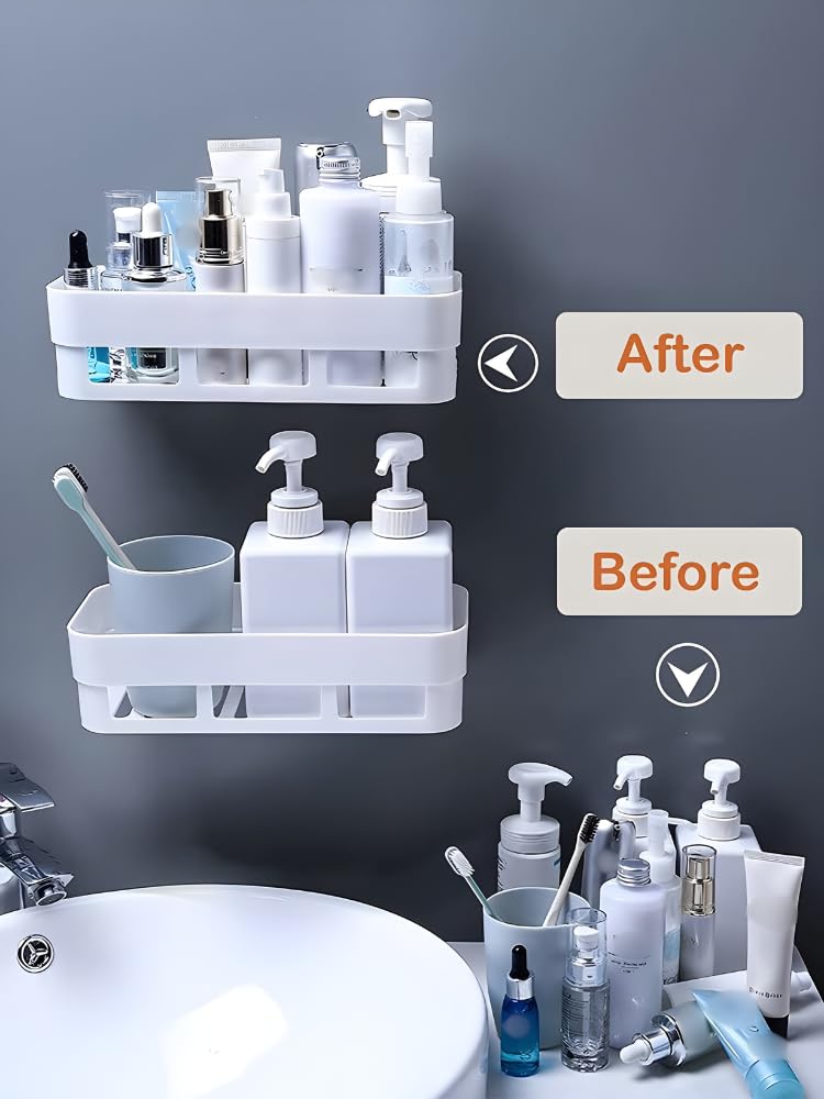 MorivaHomes Self-Adhesive Wall Mount Bathroom Shelf & Soap Dish Holder Set - Waterproof Bathroom Organizer for Shower, Kitchen, Vanity - White (2 Shelves + 2 Soap Dishes) - Perfect for Small Space Organization