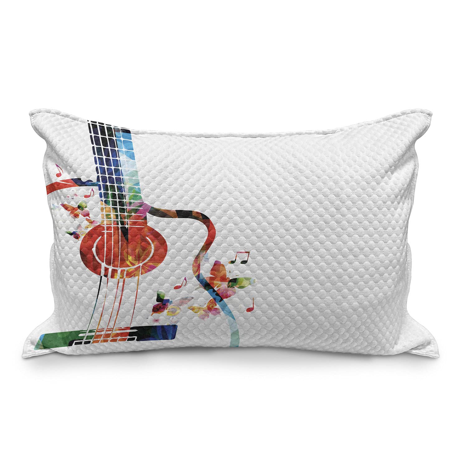 Ambesonne Guitar Quilted Pillow Cover - Colorful Polygonal Musical Instrument Design with Strings & Butterflies - Standard Queen Size 30x20 Inch - Nature Themed Bedroom Decor for Music Lovers & Bohemian Style Homes