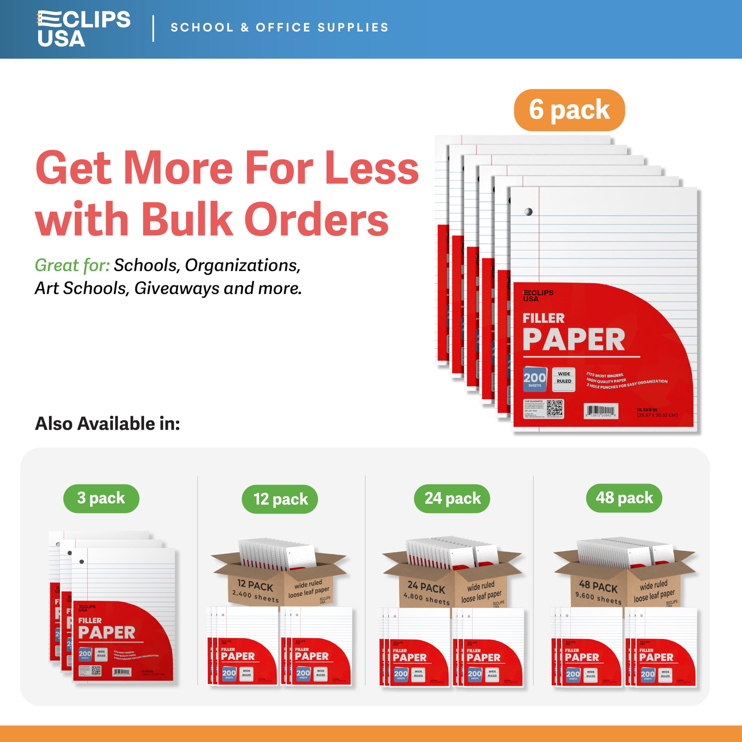 Premium Wide Ruled Notebook Paper - 6 Pack (200 Sheets Each) | 10.5
