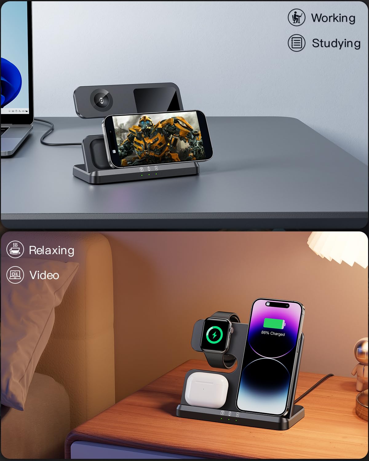 3-in-1 Wireless Charging Station for iPhone 16/15/14/13/12/11/X/8, Apple Watch & AirPods Pro/4/3 - Fast Qi-Certified Charger for Multiple Apple Devices - Perfect for Bedside, Office Desk and Travel Use