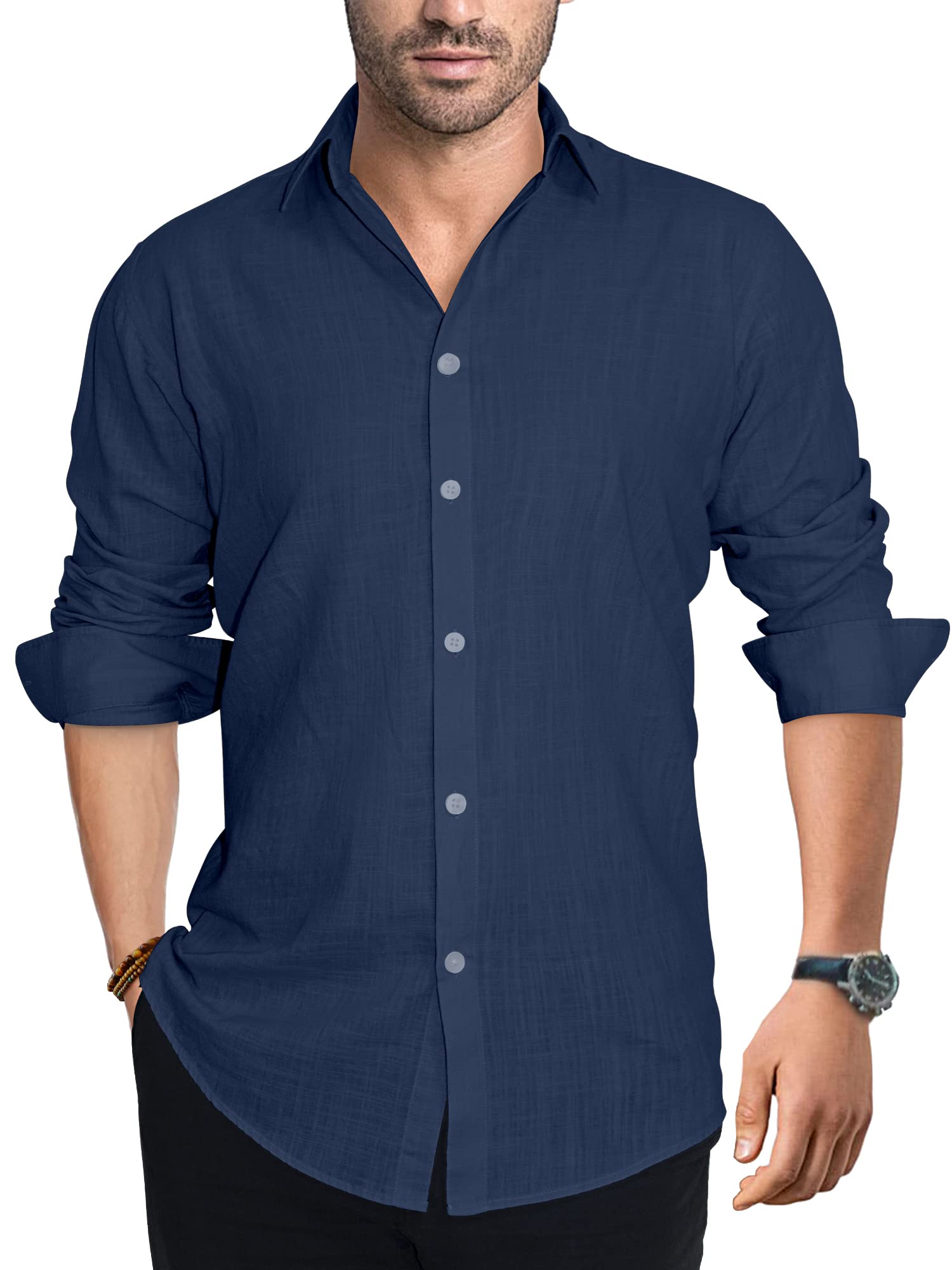 Porseme Men's Casual Linen Cotton Long Sleeve Button Down Shirt - Summer Beach Spread Collar Lightweight Shirt No Pocket (XS-3XL) for Outdoor Activities, Travel & Vacation Wear