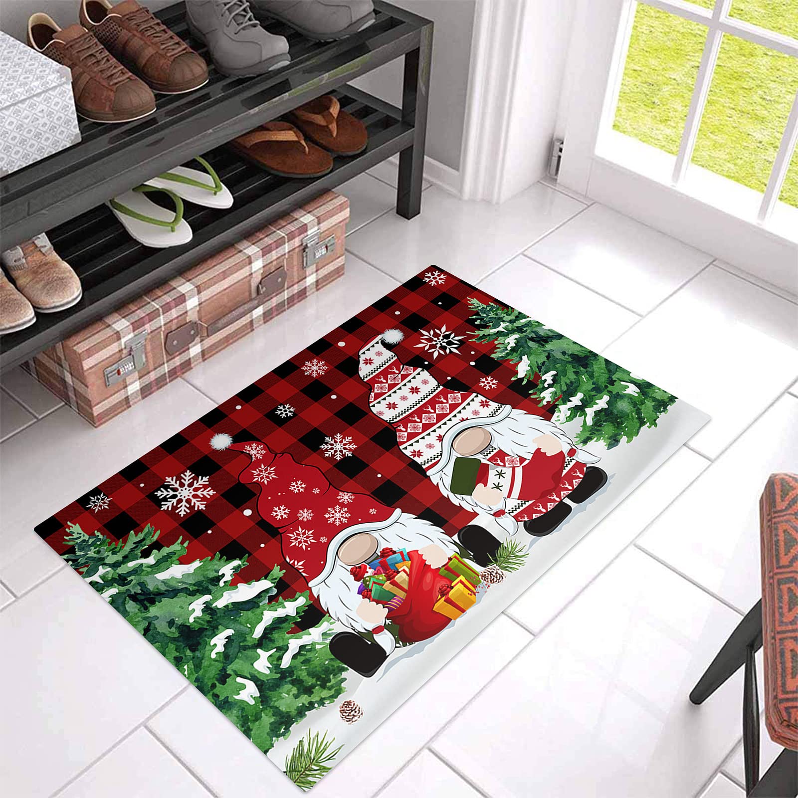 Christmas Buffalo Plaid Doormat - Non-Slip Water Absorbent Indoor Entrance Rug with Snowflake & Tree Design (20