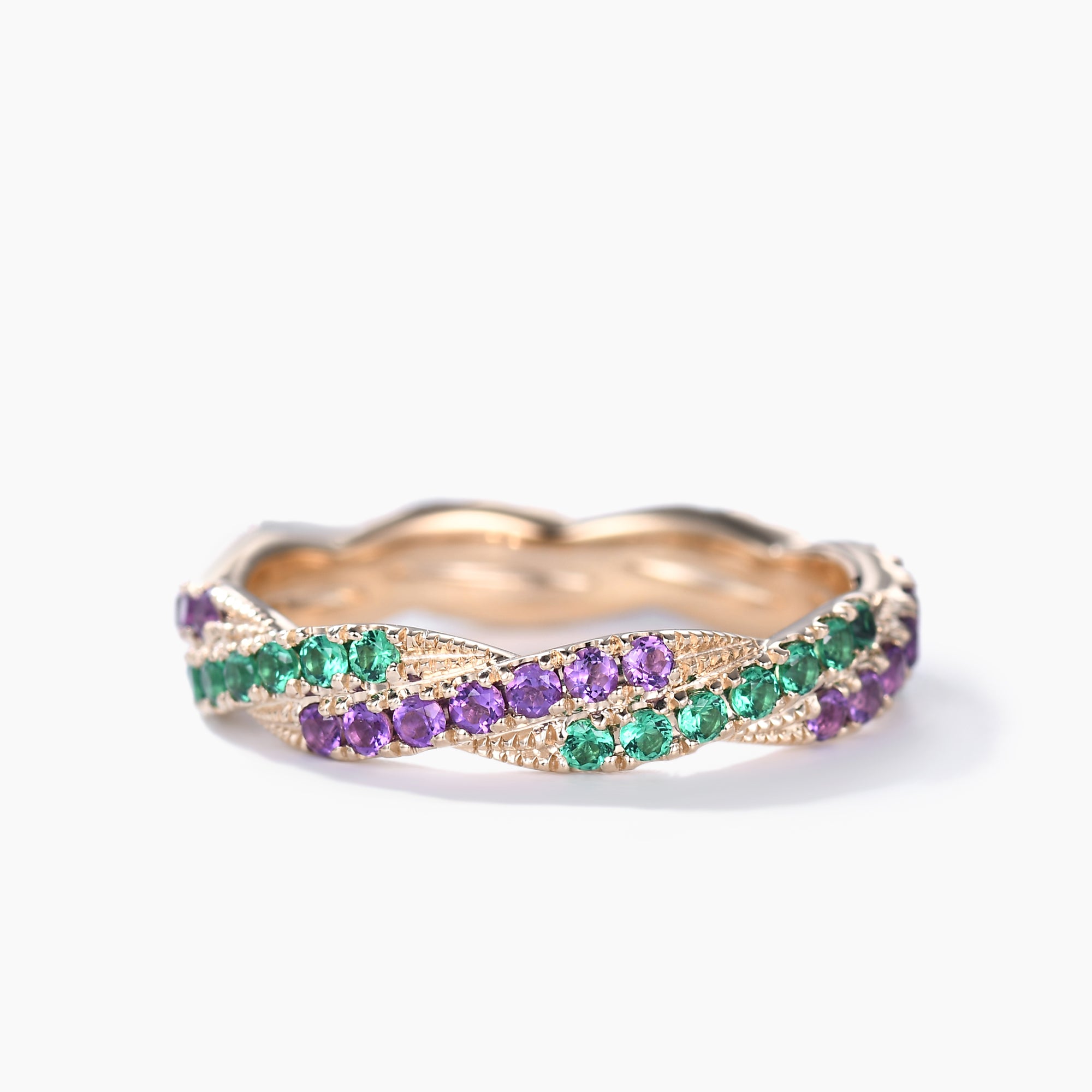 Twisted Emerald Amethyst Yellow Gold Wedding Band - Full Eternity Ring for Women | Elegant Bridal Jewelry, Anniversary Gift, Romantic Occasion Present