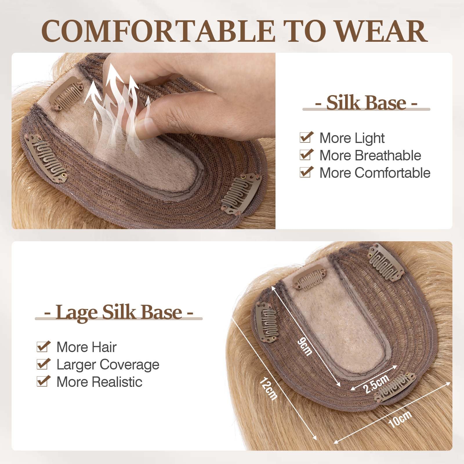 100% Human Hair Toppers for Women - Remy Clip-In Hair Topper with Silk Base for Thinning Hair | 14 Inch Dark Blonde (#27) | Natural Looking Hairpiece for Daily Wear, Parties & Special Occasions