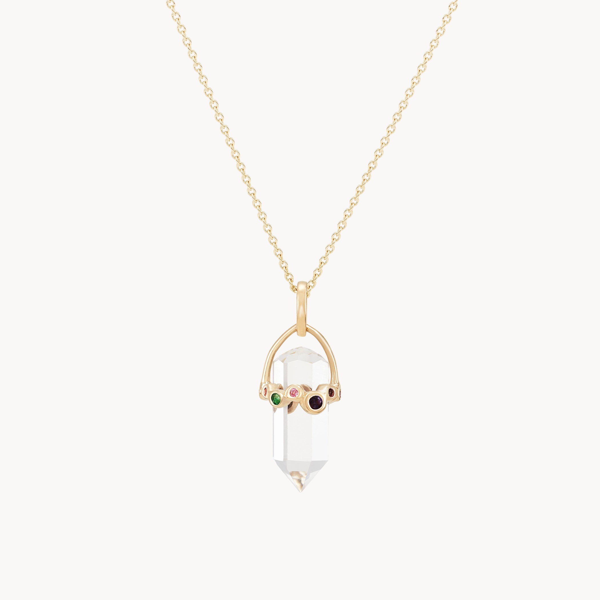 10K Yellow Gold Vibrant Journey Quartz Amulet with Sapphires - Elegant Clear Quartz & Sapphire Pendant for Spiritual Healing, Meditation & Positive Energy Jewelry Gift