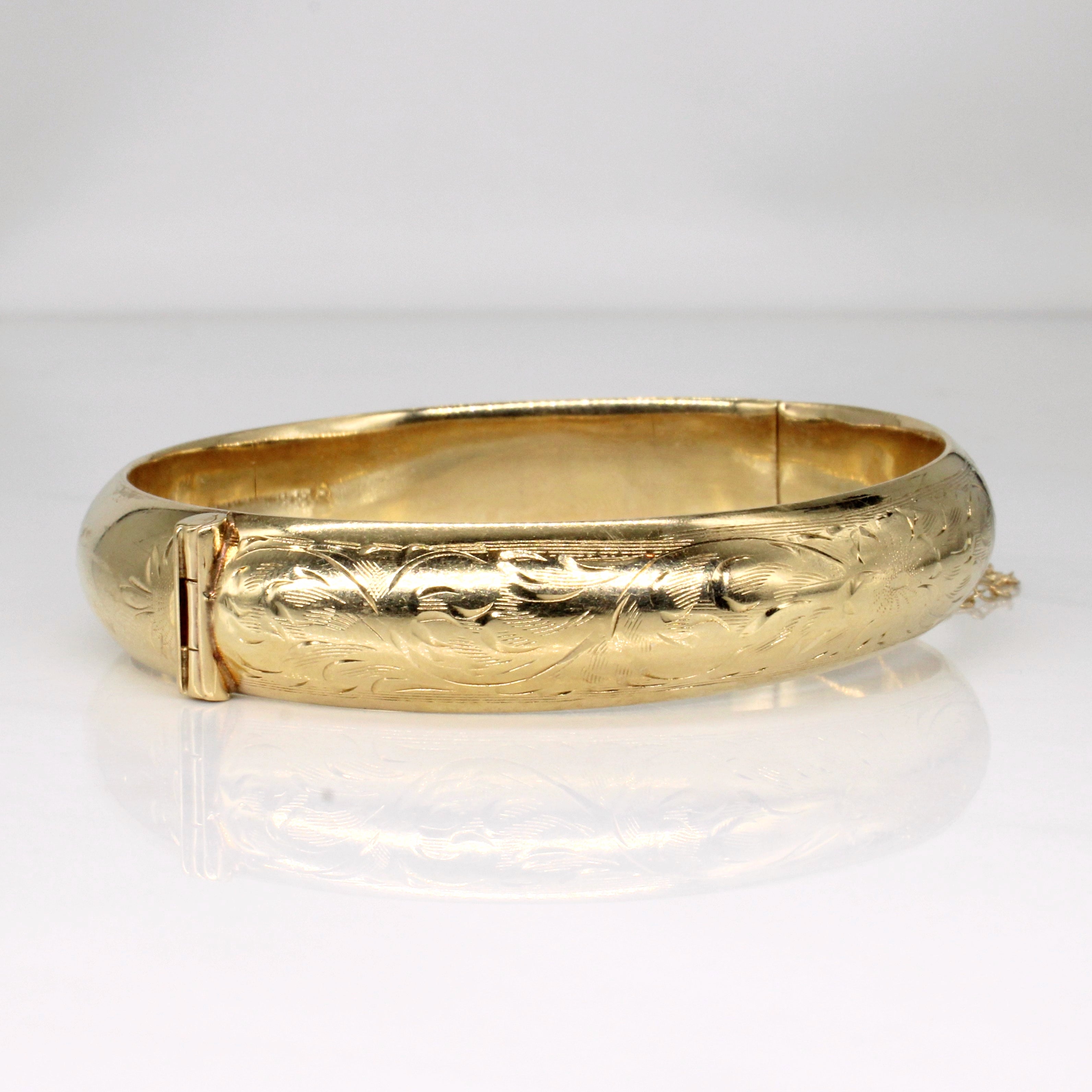 10K Yellow Gold Engraved Floral Bangle Bracelet for Women - 7.5 Inch Adjustable Size - Perfect for Weddings, Anniversaries & Special Occasions