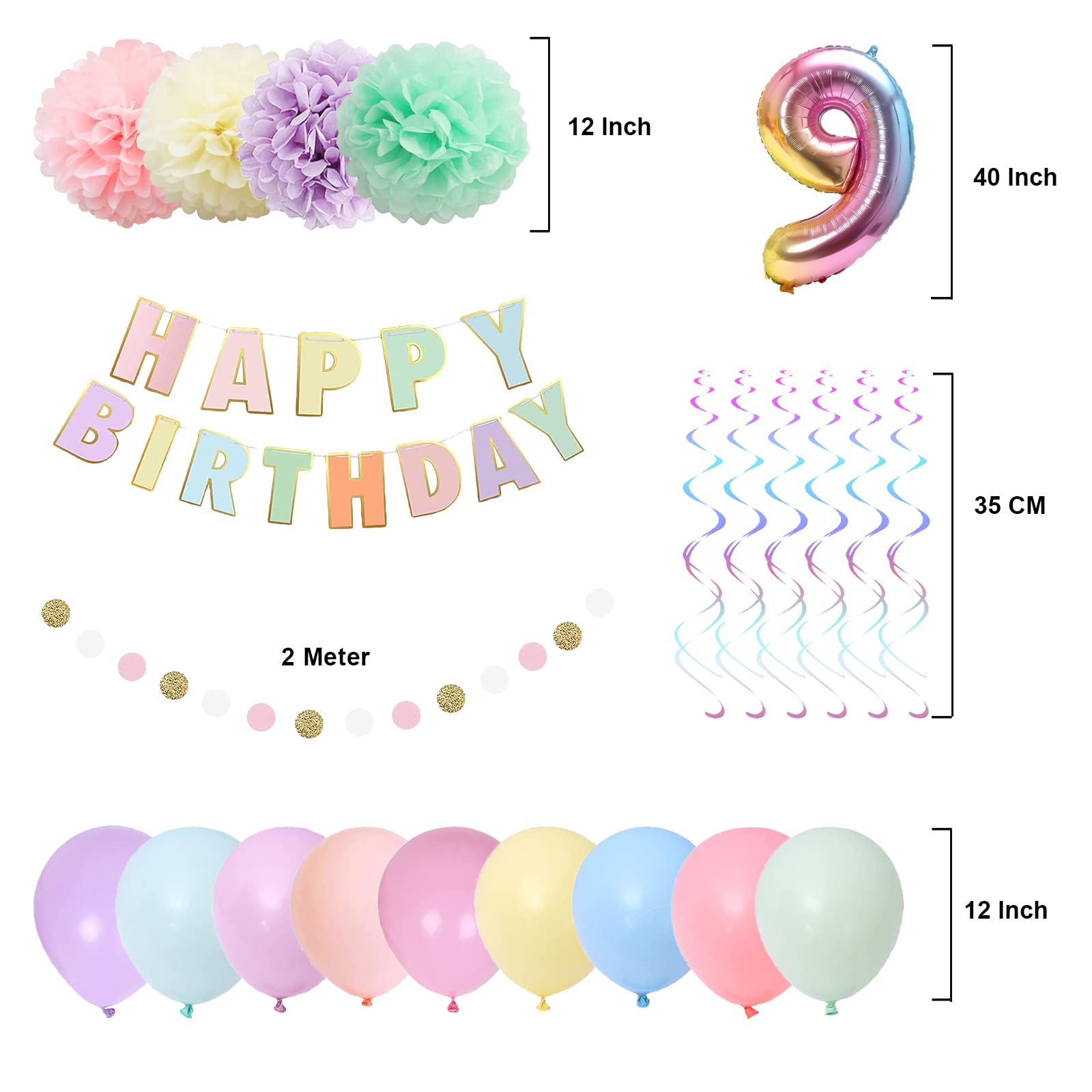 BRT Bearingshui 9th Birthday Party Decorations Set - 40 Inch Rainbow Gradient Number 9 Balloon, Happy Birthday Banner & Party Supplies for Boys & Girls | Perfect for Kids' 9th Birthday Celebrations, Classroom Parties & Family Gatherings