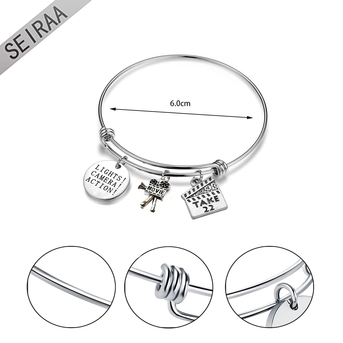 SEIRAA Director's Gift Bracelet - Lights Camera Action Charm Bangle for Actors & Movie Makers - Perfect for Film Premieres, Wrap Parties & Hollywood-Themed Events