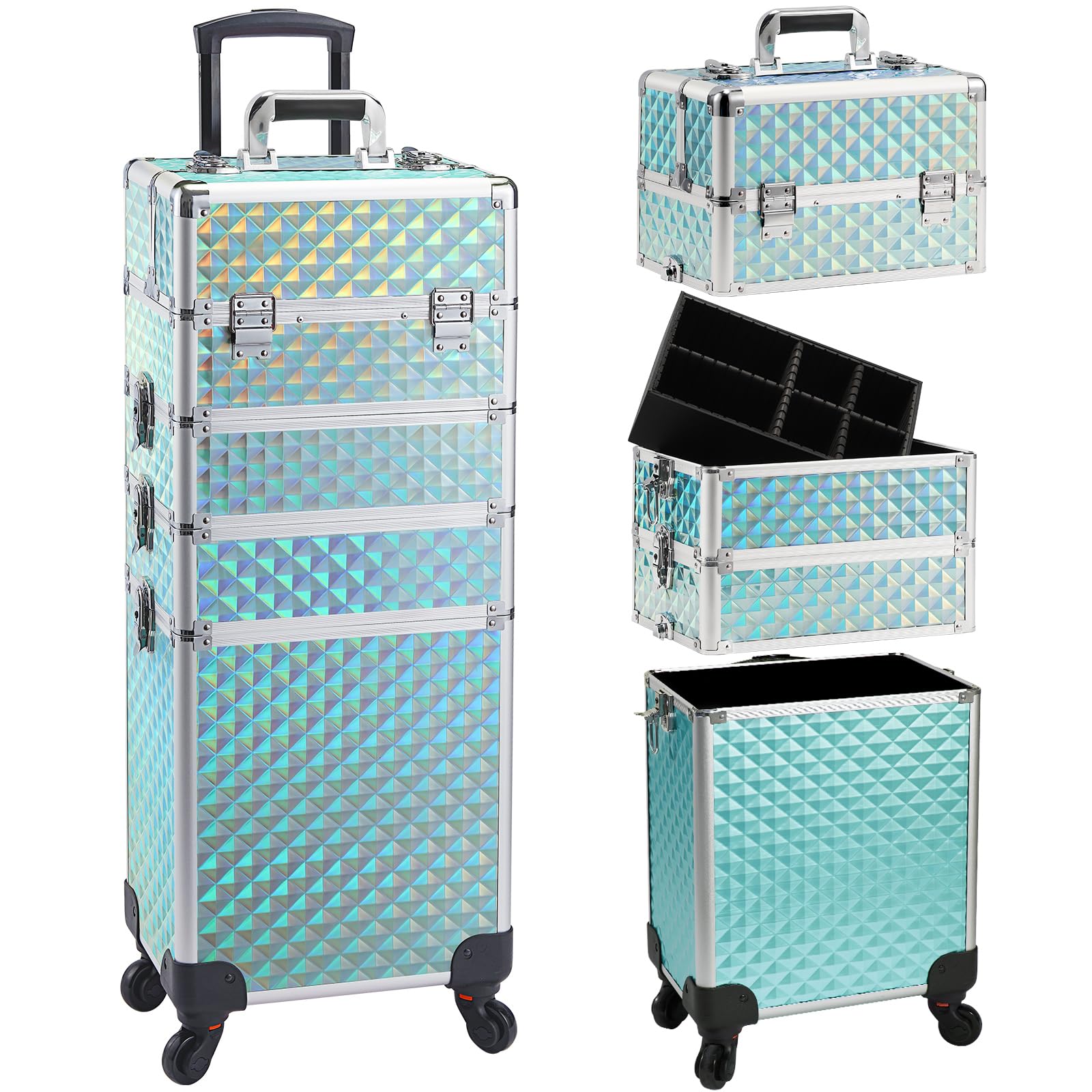 4-in-1 Rolling Makeup Case with Wheels - Professional Cosmetic Trolley & Cosmetology Cart for Makeup Artists, Hairstylists, Nail Techs & Salons - Large Capacity Turquoise Beauty Organizer - Perfect for Mobile Makeup Services, Salon Storage & Travel Cosmetics Organization