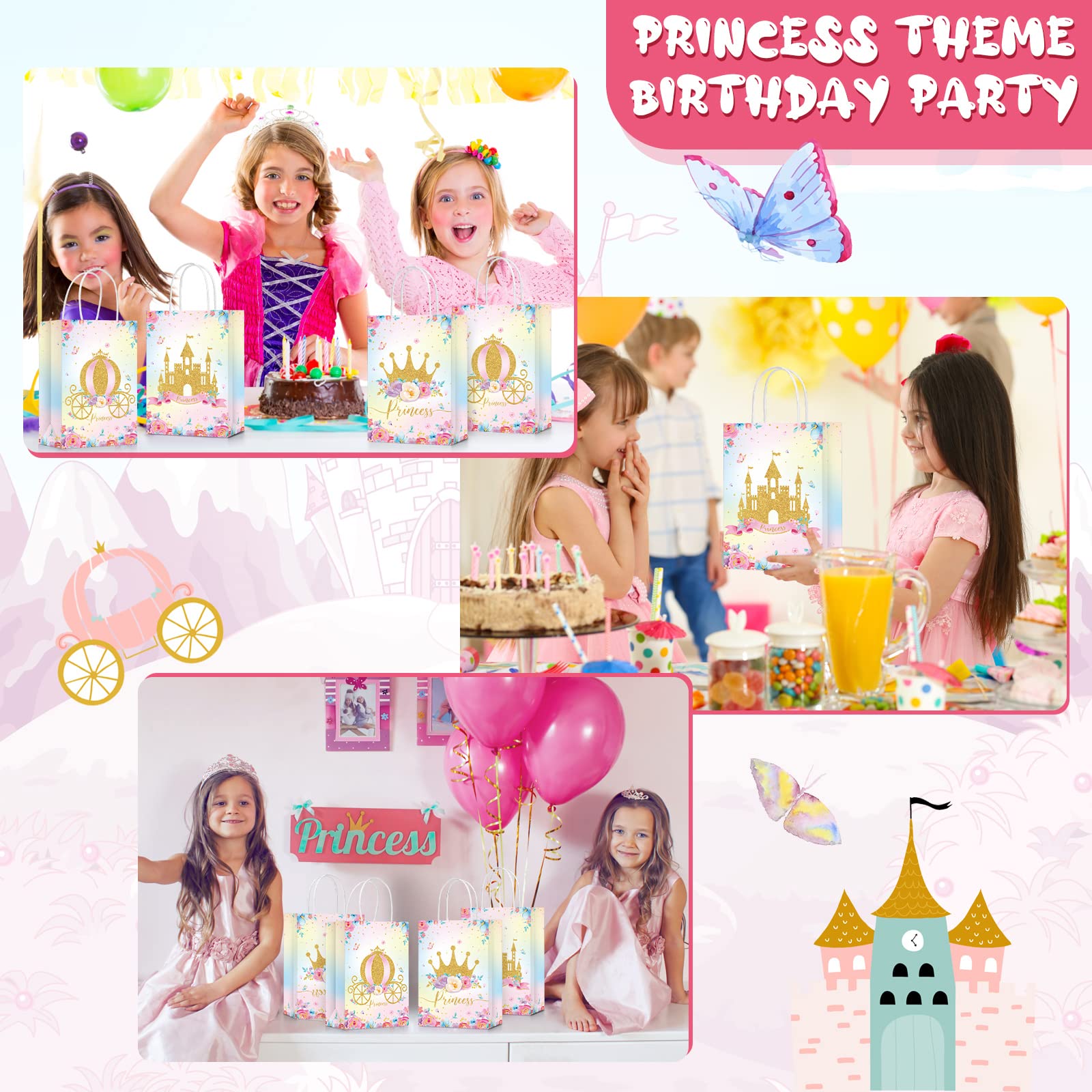 24 Pcs Princess & Prince Party Favor Bags with Handles - Elegant Castle-Themed Treat Bags for Candy, Gifts & Goodies - Perfect for Gender Reveal Parties, Baby Showers, Weddings & Birthday Celebrations (Princess Theme)