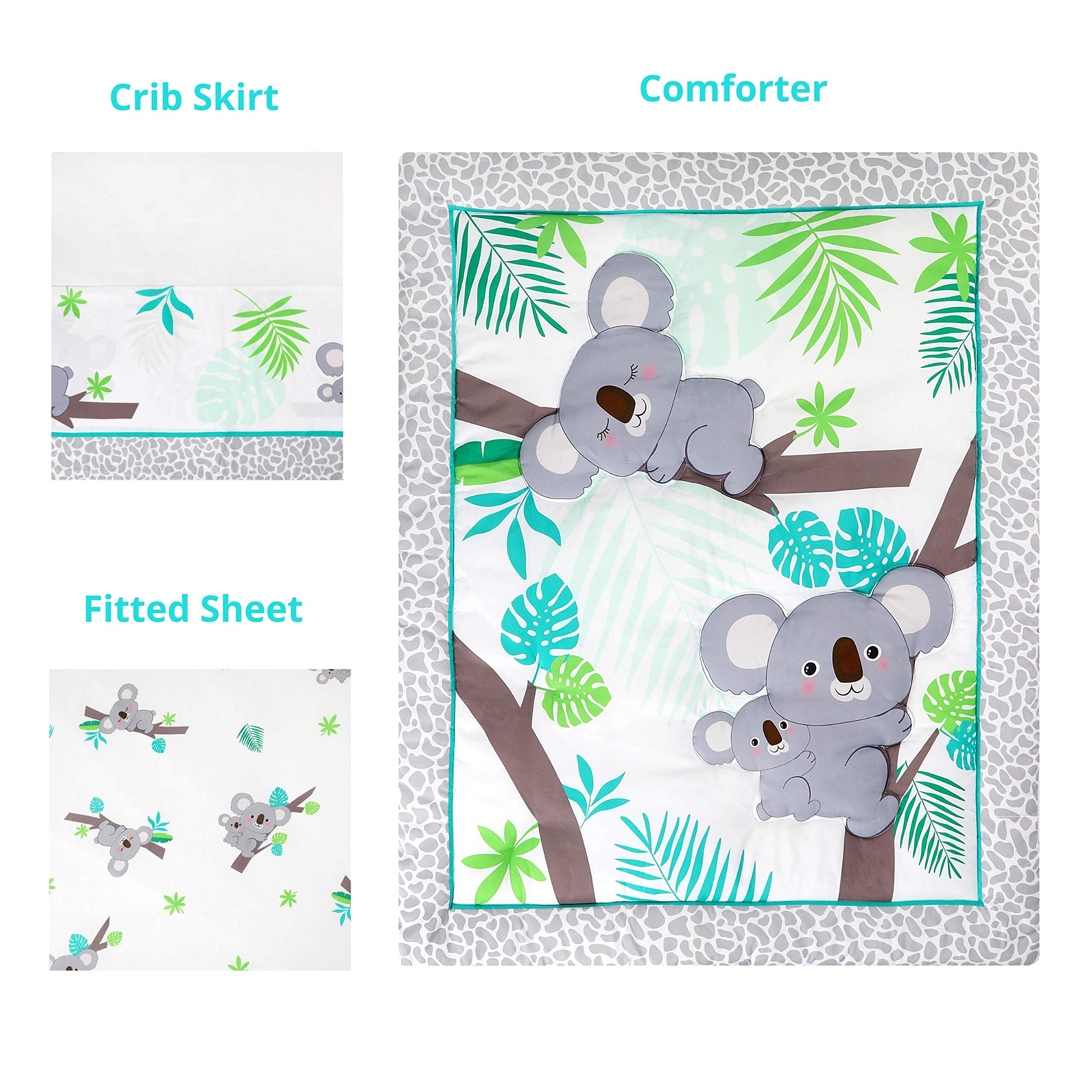 Premium Baby Koala Nursery Crib Bedding Set - 3 Piece Standard Size Crib Set in Soft Grey & Green | Unisex Nursery Bedding & Neutral Decor for Boys & Girls | Perfect for Newborns, Baby Showers & Gender-Neutral Nursery Themes