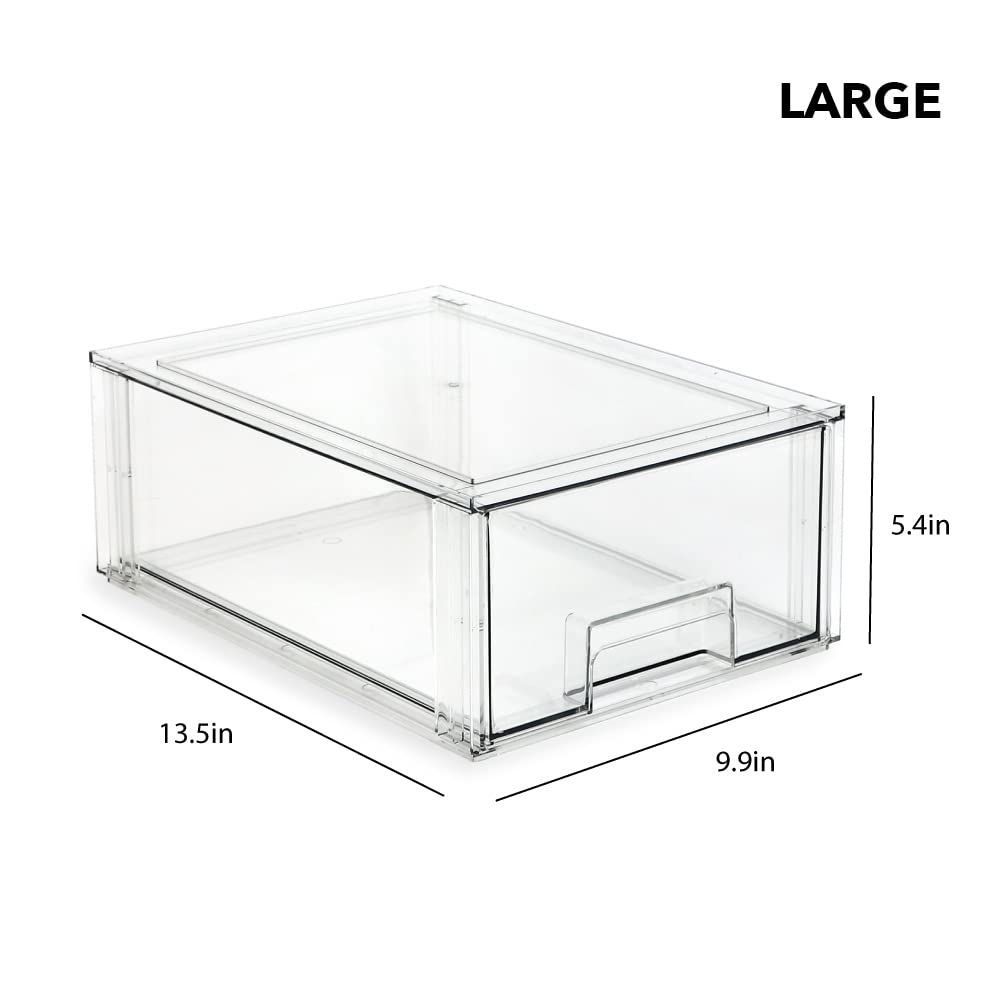 Isaac Jacobs Stackable Organizer Drawer Set - 1 Medium & 1 Large Clear Plastic Storage Bins | BPA-Free Pull-Out Drawers for Home, Office, Closet & Kitchen Organization | Perfect for Shoes, Toys, Pantry Items & Fridge/Freezer Storage