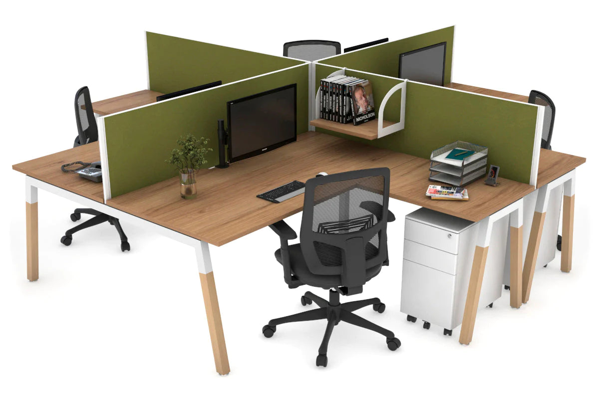 Quadro Wood A Legs Cross Beam 4-Person Corner Workstation Desk - 1600L x 1800W with Cable Management Scallop - Perfect for Office, Home Workspace & Collaborative Environments