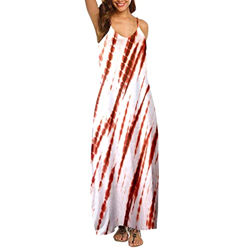 Women's Summer Casual Boho Floral Print Spaghetti Strap Maxi Dress with Pockets - Red Size S | Perfect for Beach Vacations, Music Festivals & Summer Parties