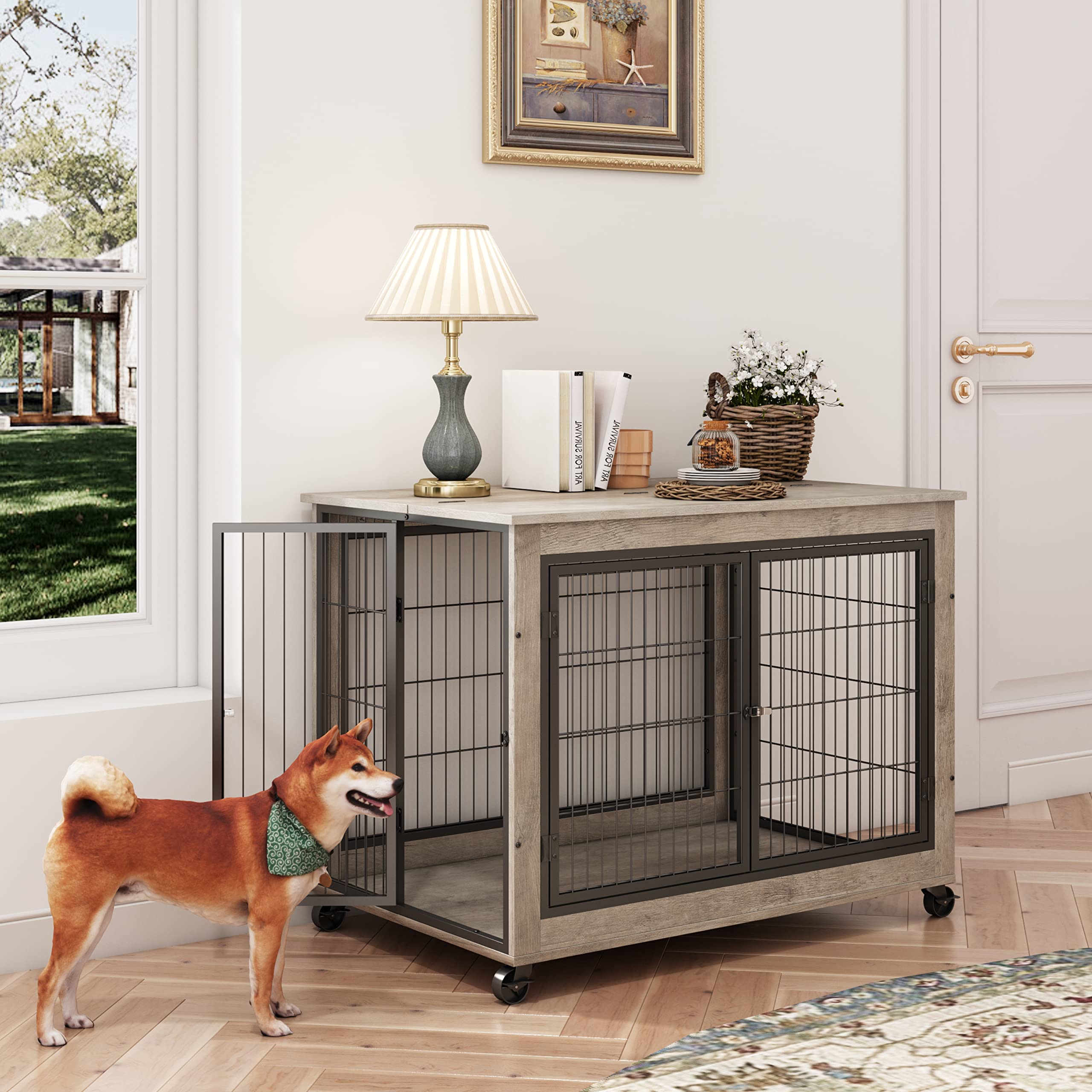 Stylish Wooden Dog Crate Furniture with Wheels - 38.6