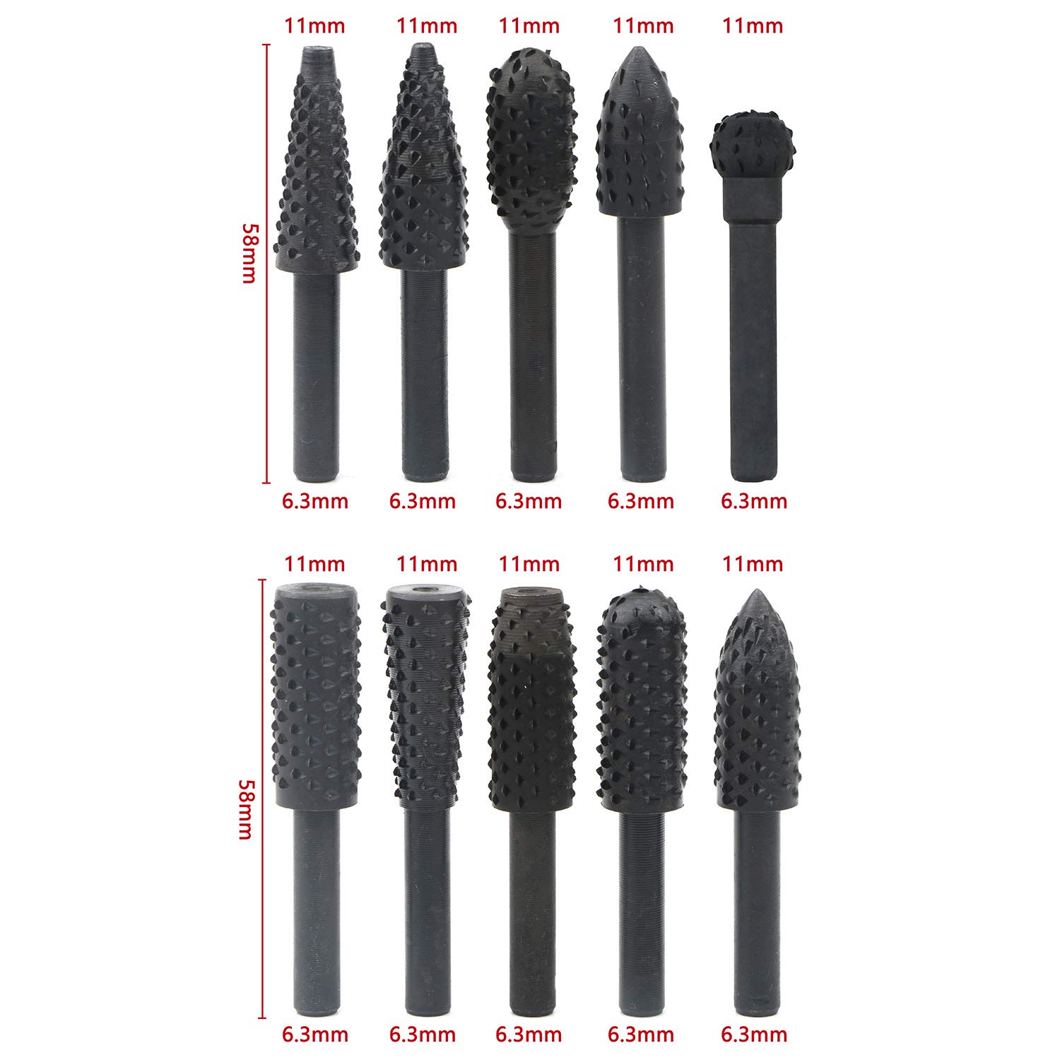 10pcs 6.3mm (1/4 Inch) Shank Rotary Rasp Set - Wood Carving Drill Bits for Dremel, Woodworking & Electrical Tools - Chisel Shaped Rotating Grinding Heads for DIY Projects, Furniture Making & Metal Engraving