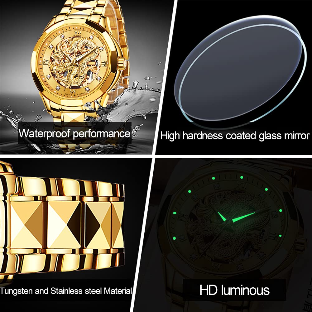 OLEVS Men's Gold Automatic Skeleton Mechanical Watch with Dragon Design - Luxury Tungsten Steel Business Dress Watch, Luminous Hands, 160FT Waterproof, Diamond Accents - Perfect for Formal Events, Business Meetings & Special Occasions