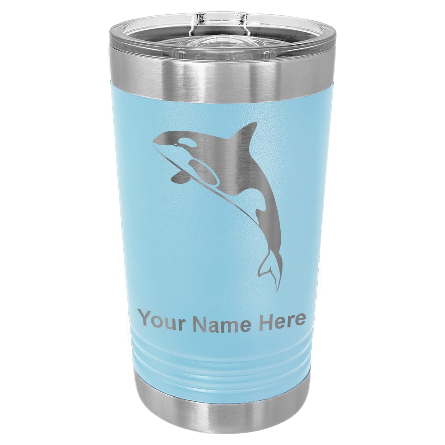 LaserGram 16oz Vacuum Insulated Stainless Steel Tumbler with Lid - Personalized Engraved Killer Whale Design in Light Blue - Keeps Drinks Hot/Cold for Hours - Perfect for Coffee, Tea, Beer & Outdoor Activities