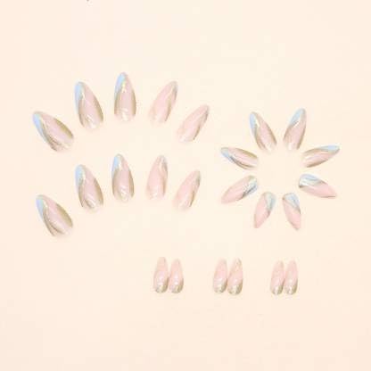 24pcs Pink & Blue Artificial Nails - Reusable Press on Nails with Gold Accents for Women | Perfect for Parties, Weddings, Date Nights & Special Occasions