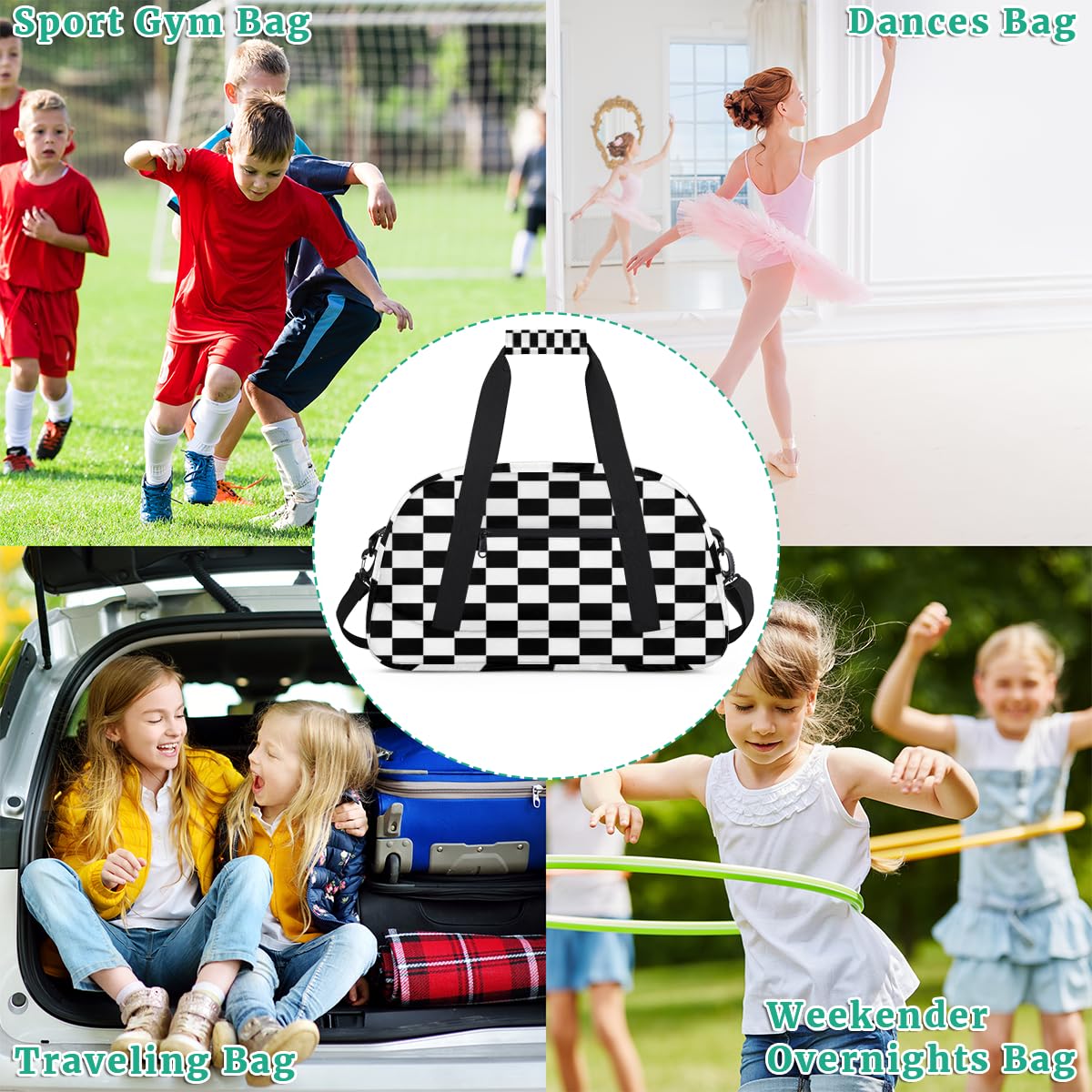 Kids Overnight Duffel Bag - Waterproof Checkered Black Travel & Gym Bag for Boys - Portable Carry-On Weekender for Sleepovers, Sports & Workouts | Perfect for School Trips, Weekend Getaways & Sports Practice