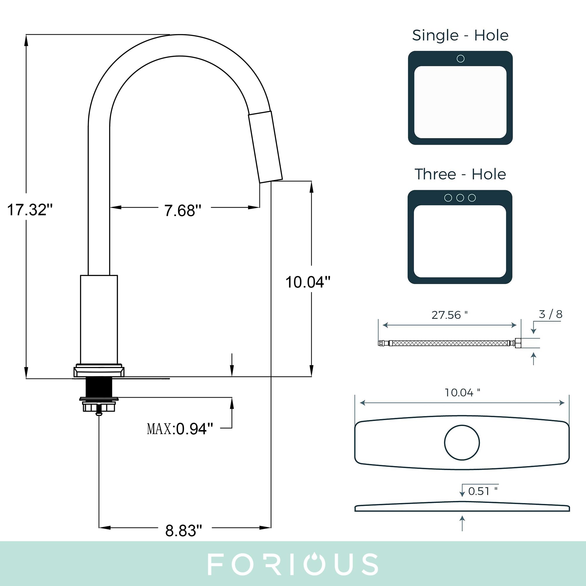 FORIOUS Black Stainless Steel Kitchen Faucet with Pull Down Sprayer - High Arc Gooseneck Modern Sink Faucet, Single Handle Design with CUPC Ceramic Cartridge & Deck Plate for Easy Installation - Perfect for Home Kitchen, Restaurant, and Commercial Use