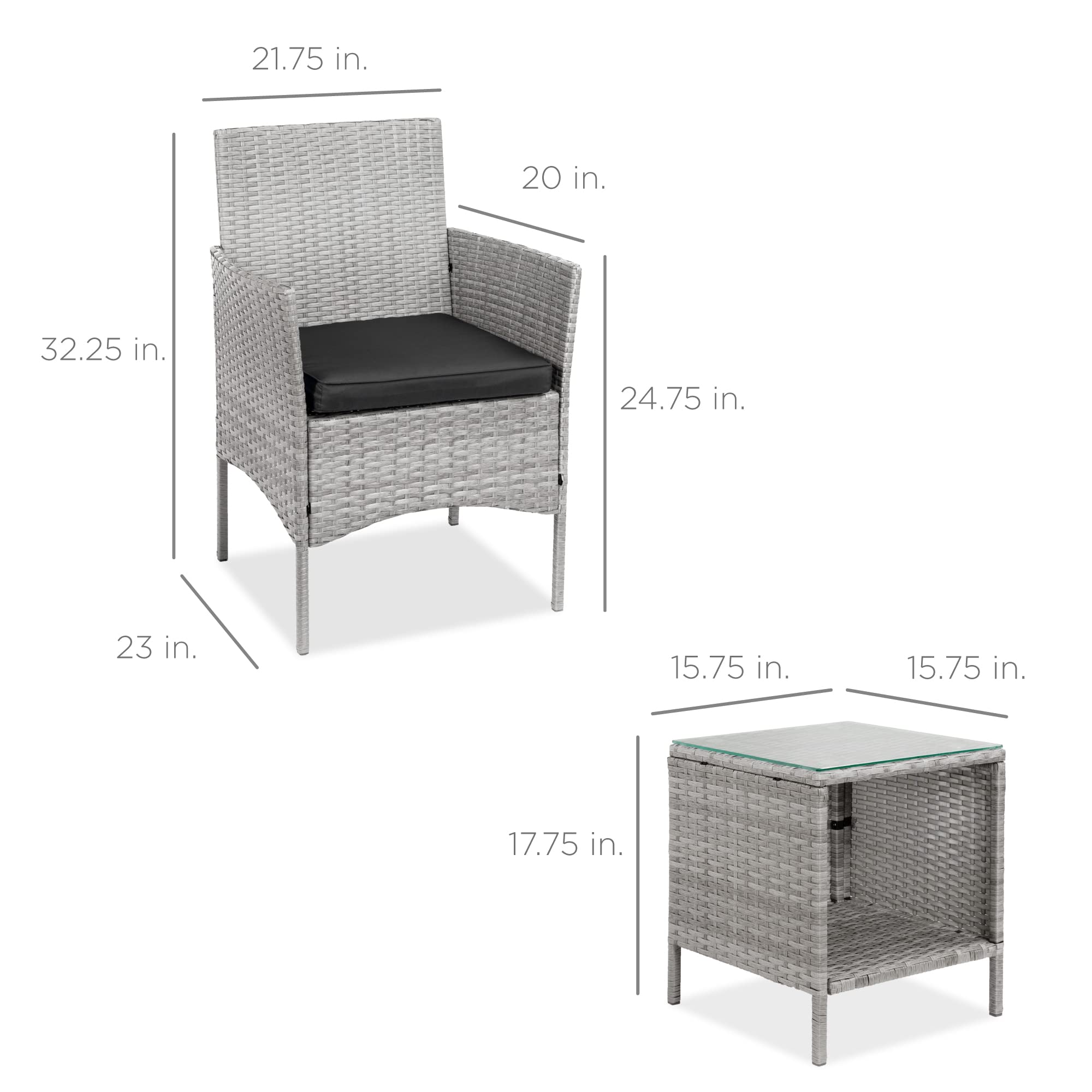 Best Choice Products 3-Piece Outdoor Wicker Patio Furniture Set with Side Table - Space Saving Bistro Conversation Set in Gray/Black for Garden, Balcony, and Backyard Relaxation