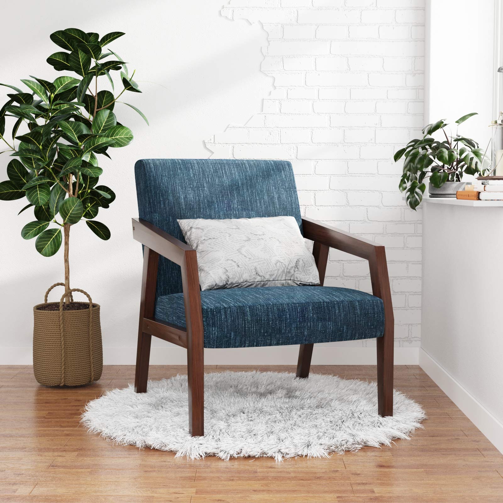 HUIMO Mid-Century Modern Wooden Accent Arm Chair - Elegant Upholstered Lounge Chair with Linen Fabric for Living Room, Bedroom & Office - Blue Reading Side Chair - Perfect for Relaxing, Reading & Home Decor