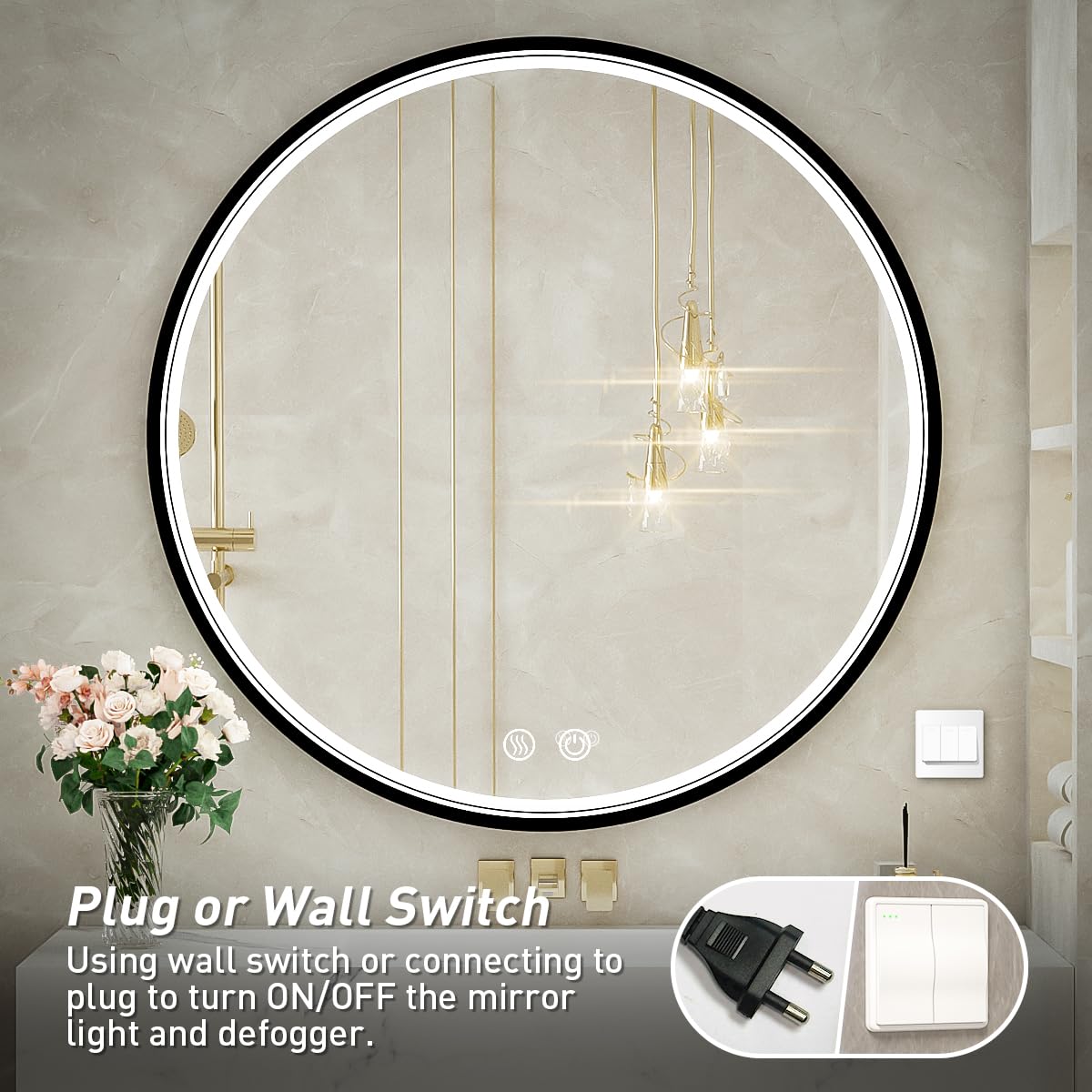 36 Inch LED Round Bathroom Mirror with Light - Black Metal Frame, 6000K Vanity Mirror, Wall Mounted, Anti-Fog, Dimmable Touch Switch, Waterproof IP54 - Perfect for Makeup, Shaving & Home Decor