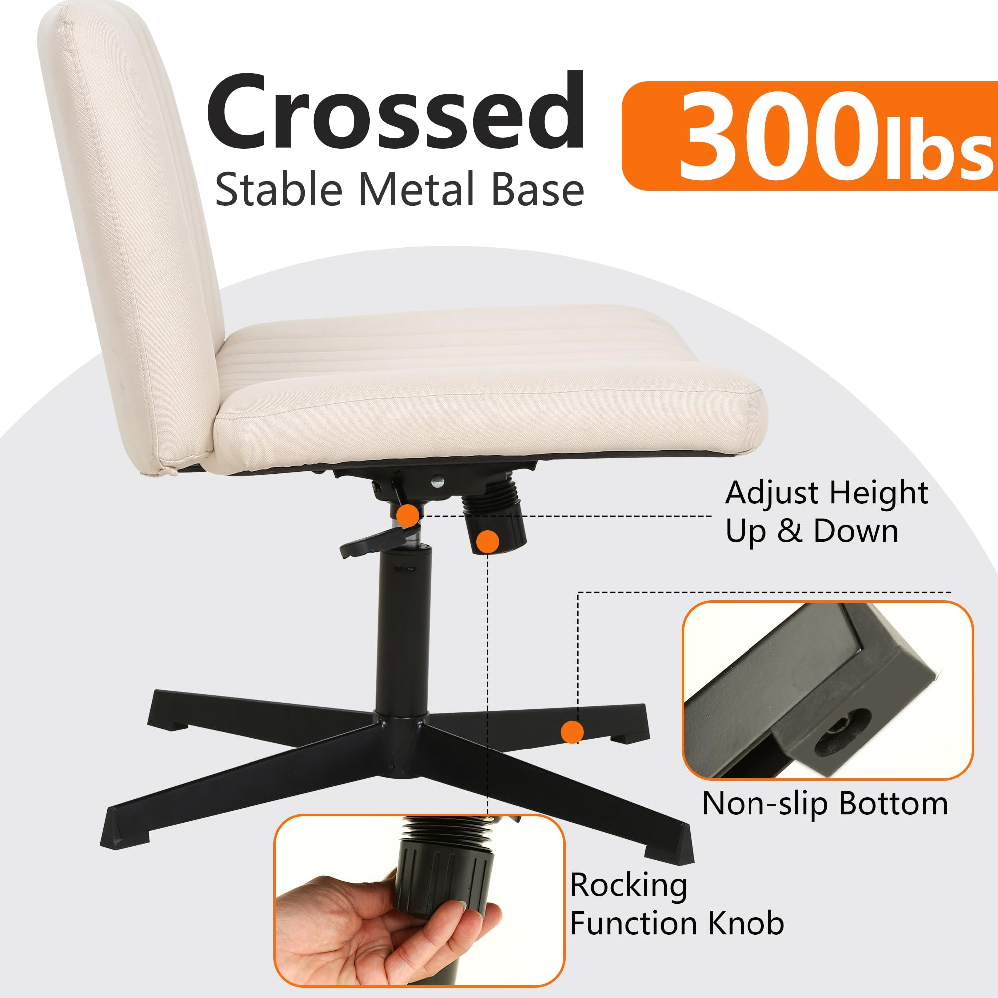 FDW Criss Cross Armless Office Chair - Adjustable Swivel Ergonomic Desk Chair with U-Shaped Backrest & Wide Seat, No Wheels, Cross-Legged Design - Perfect for Home Office, Computer Work, and Vanity Tasks