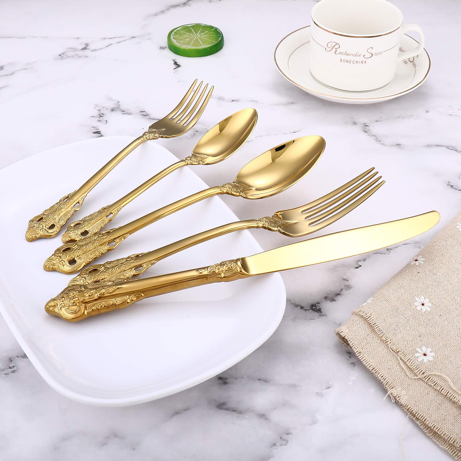 Premium 5-Piece Gold Flatware Set - 18/10 Heavy Duty Stainless Steel Cutlery (Knife, Fork, Spoon) - Mirror Polished & Dishwasher Safe - Elegant Dining Utensils for Everyday Meals, Dinner Parties & Wedding Gifts