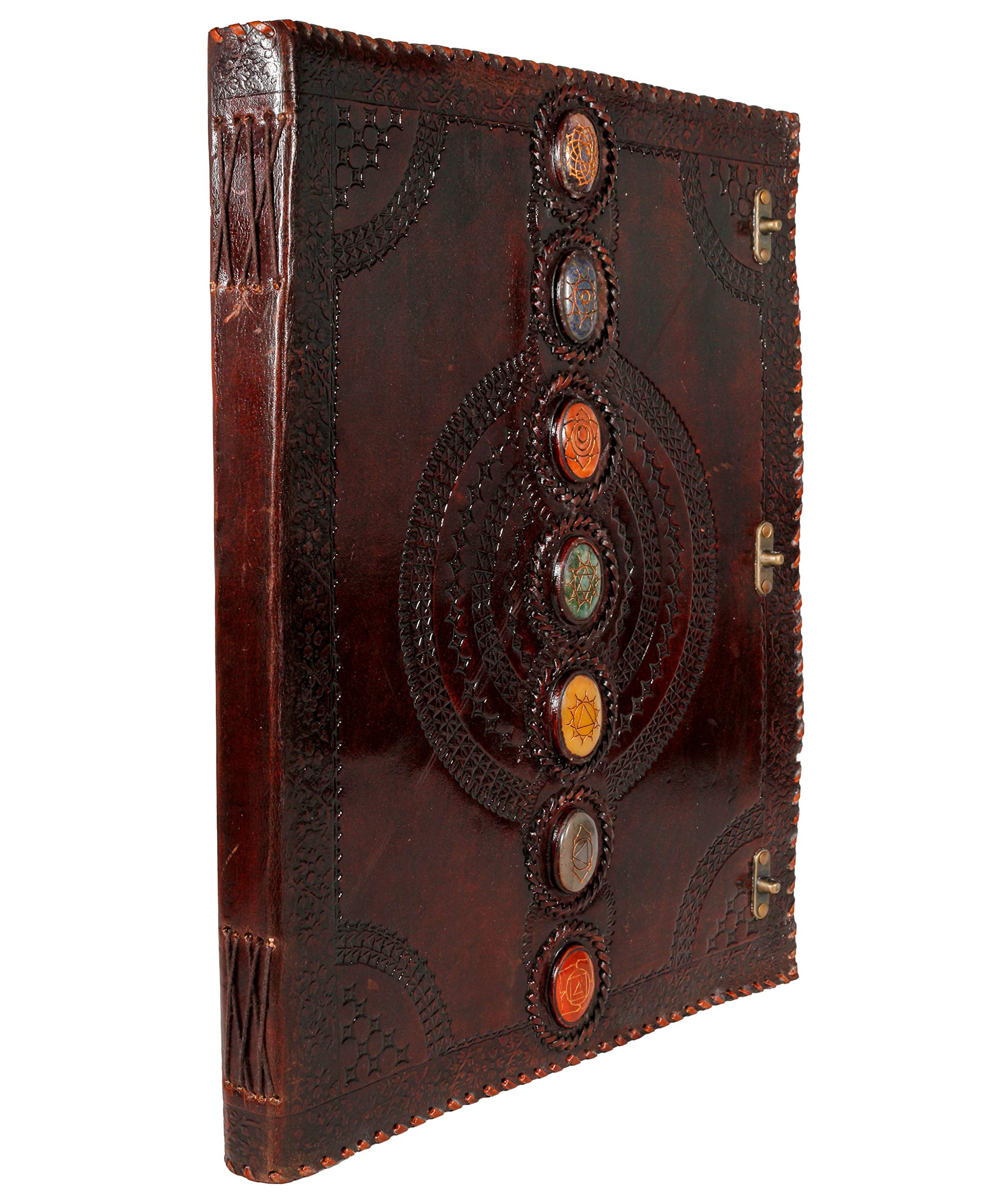 Handmade Leather Journal with Real Stone Seven Chakra Embossing - Medieval Style Book of Shadows, Notebook, Office Diary, Sketchbook (Brown, 14x22 inch) - Perfect for Wiccan Rituals, Poetry Writing & Gift Giving