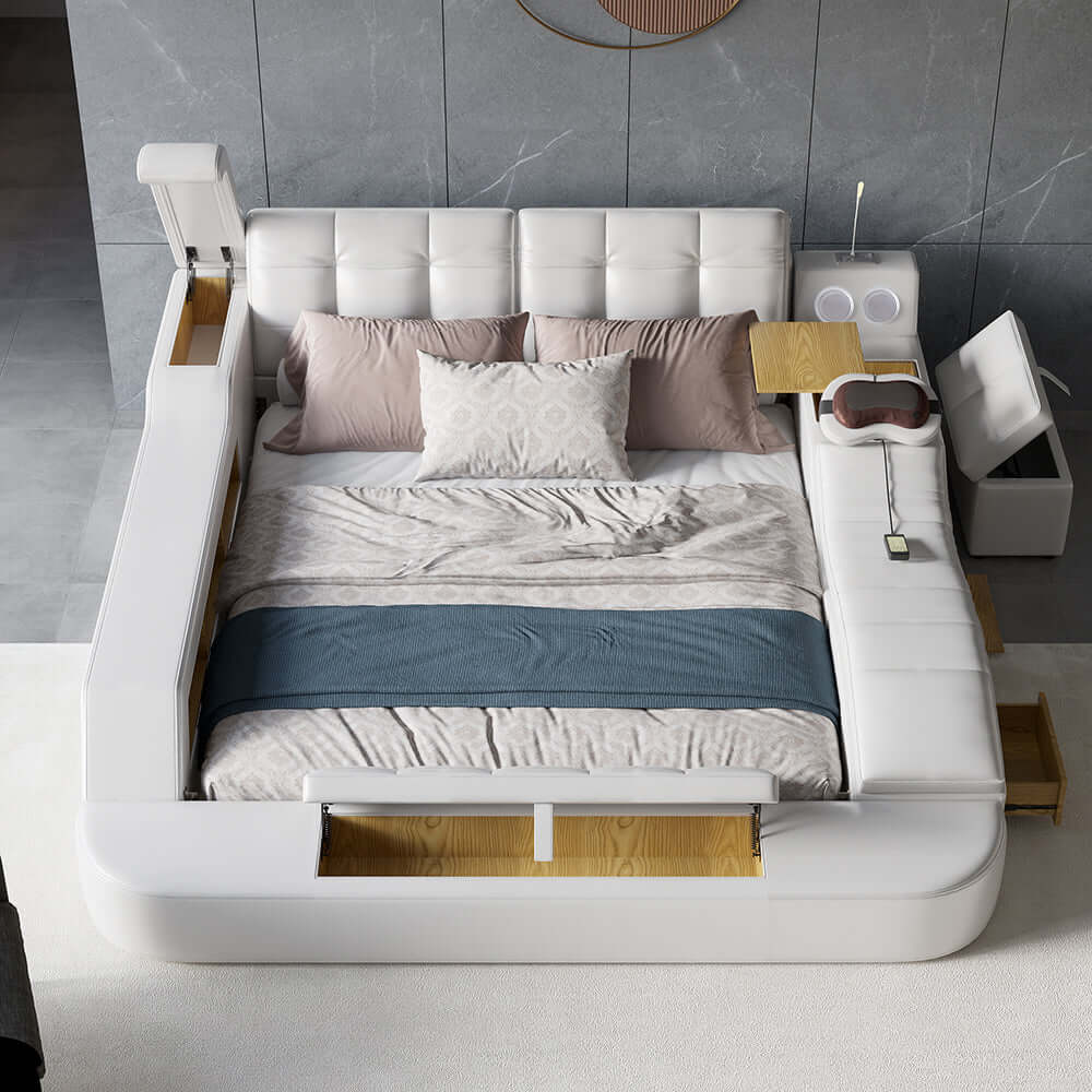 King Size White Smart Bed with Massage & Bluetooth Speaker - Faux Leather Upholstered Adjustable Bed for Ultimate Relaxation | Perfect for Bedroom, Home Theater & Luxury Living Spaces