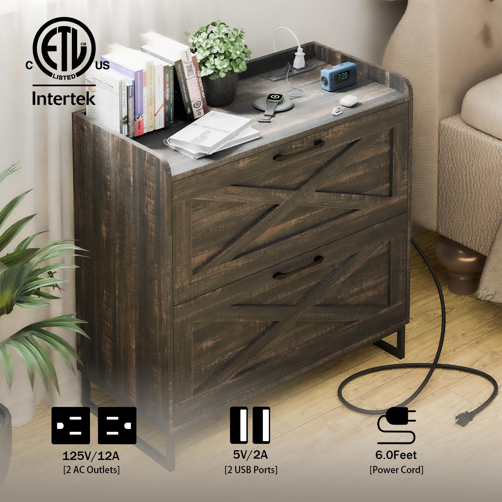 2-Drawer Lateral File Cabinet with USB Charging Station - Legal/Letter/A4 Hanging File Storage - Modern Farmhouse Wood Office Furniture for Home & Workspace (Dark Rustic Oak) - Perfect for Organizing Documents & Charging Devices in Home Offices, Study Rooms & Small Businesses