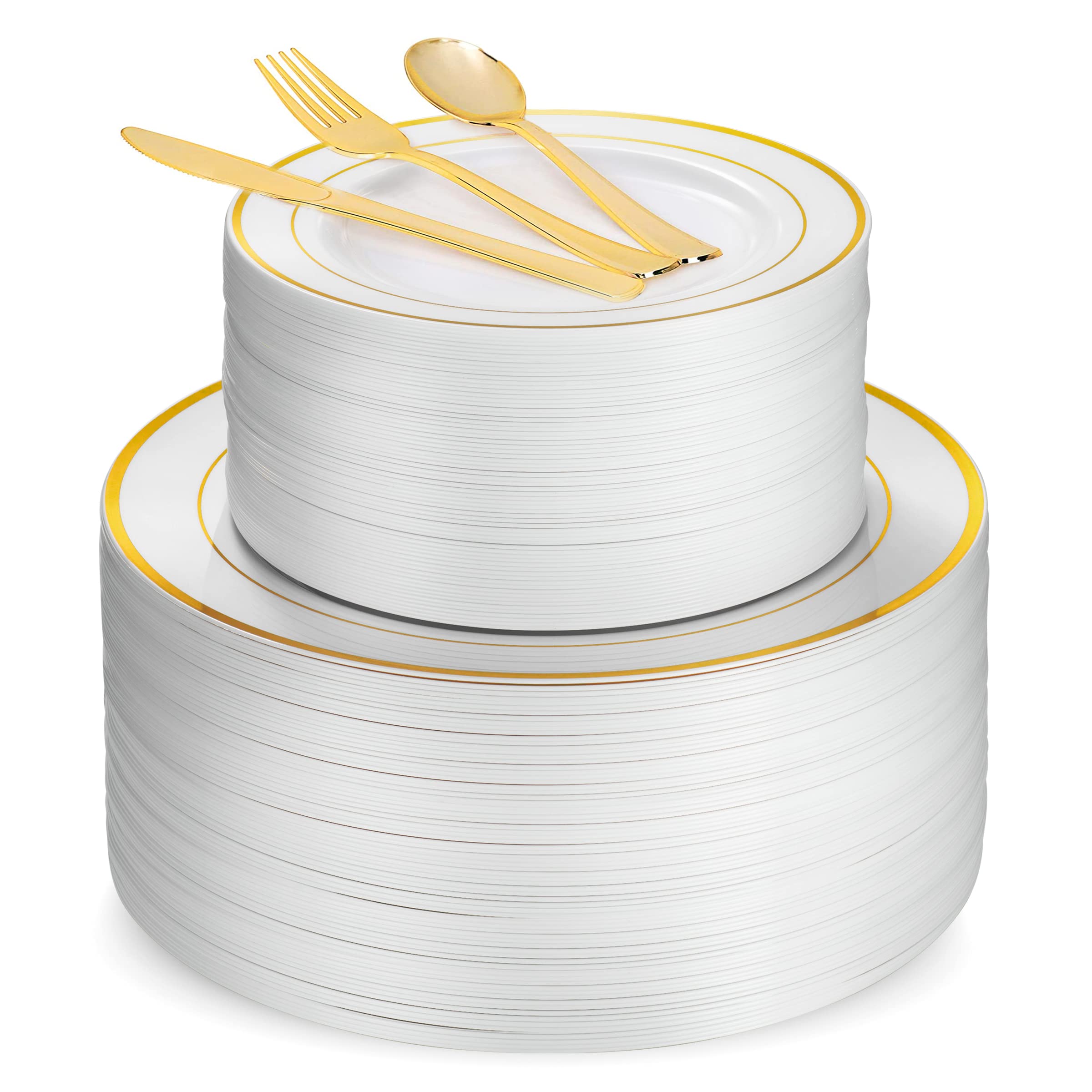 125-Piece Gold Disposable Dinnerware Set - 50 Gold Rim Plastic Plates, 25 Dinner & 25 Dessert Plates, 25 Knives, 25 Forks, 25 Spoons - Elegant Party Tableware for Weddings, Birthdays, Bridal Showers & Special Events
