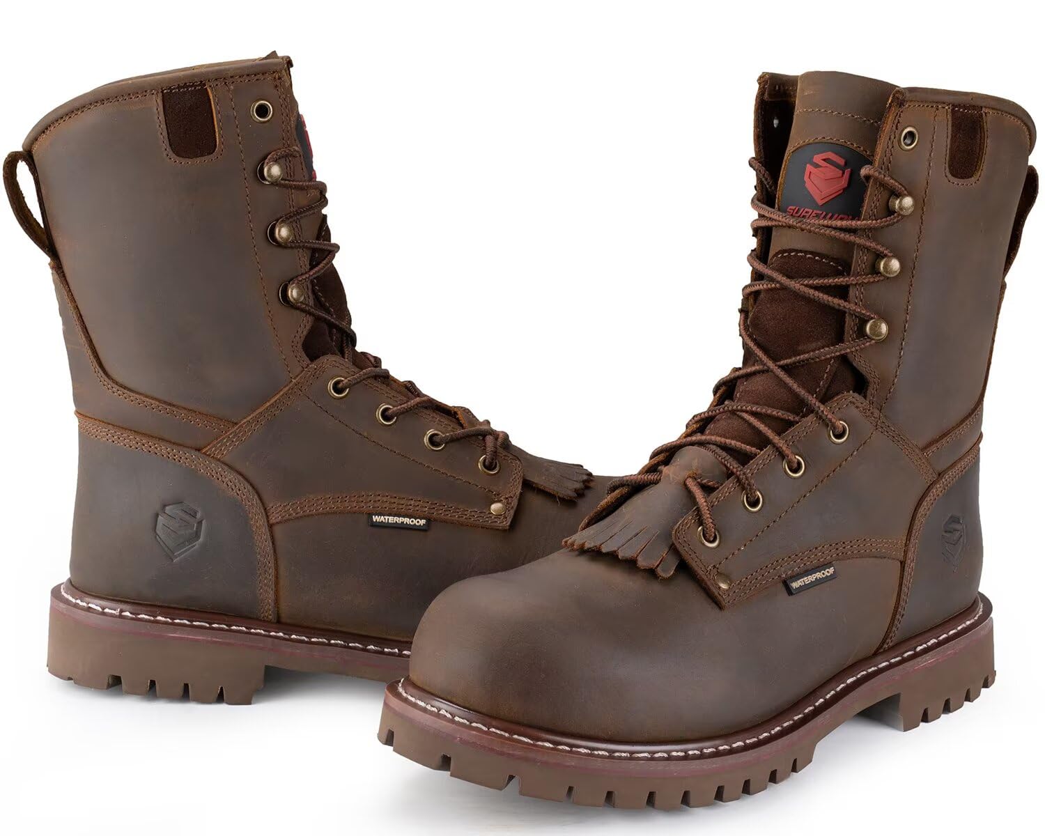 SUREWAY Men's 8 Inch Waterproof Steel Toe Work Boots - Oil & Slip Resistant, Thick Full Grain Leather, Wedge Rubber Sole, EH Rated - Ideal for Construction, Logging & Outdoor Work Safety