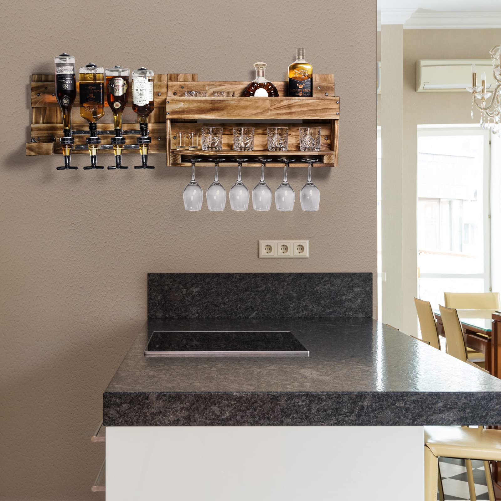 Yorbay Wall-Mounted Bottle Holder with 4 Drink Dispensers - Rustic Wooden Wine Rack with Glass Shelf for Wine Bottles & Glass Storage - Perfect for Kitchen, Bar, and Dining Room Organization