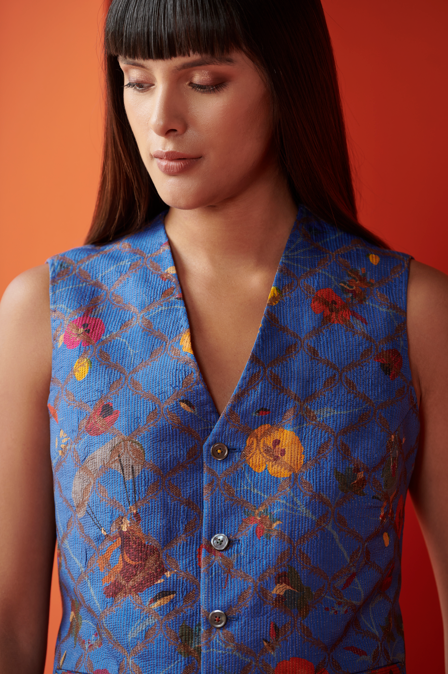 Thakur Silk Brocade Vest in Cobalt Blue - Elegant Indian Waistcoat for Men | Perfect for Weddings, Festivals & Cultural Events