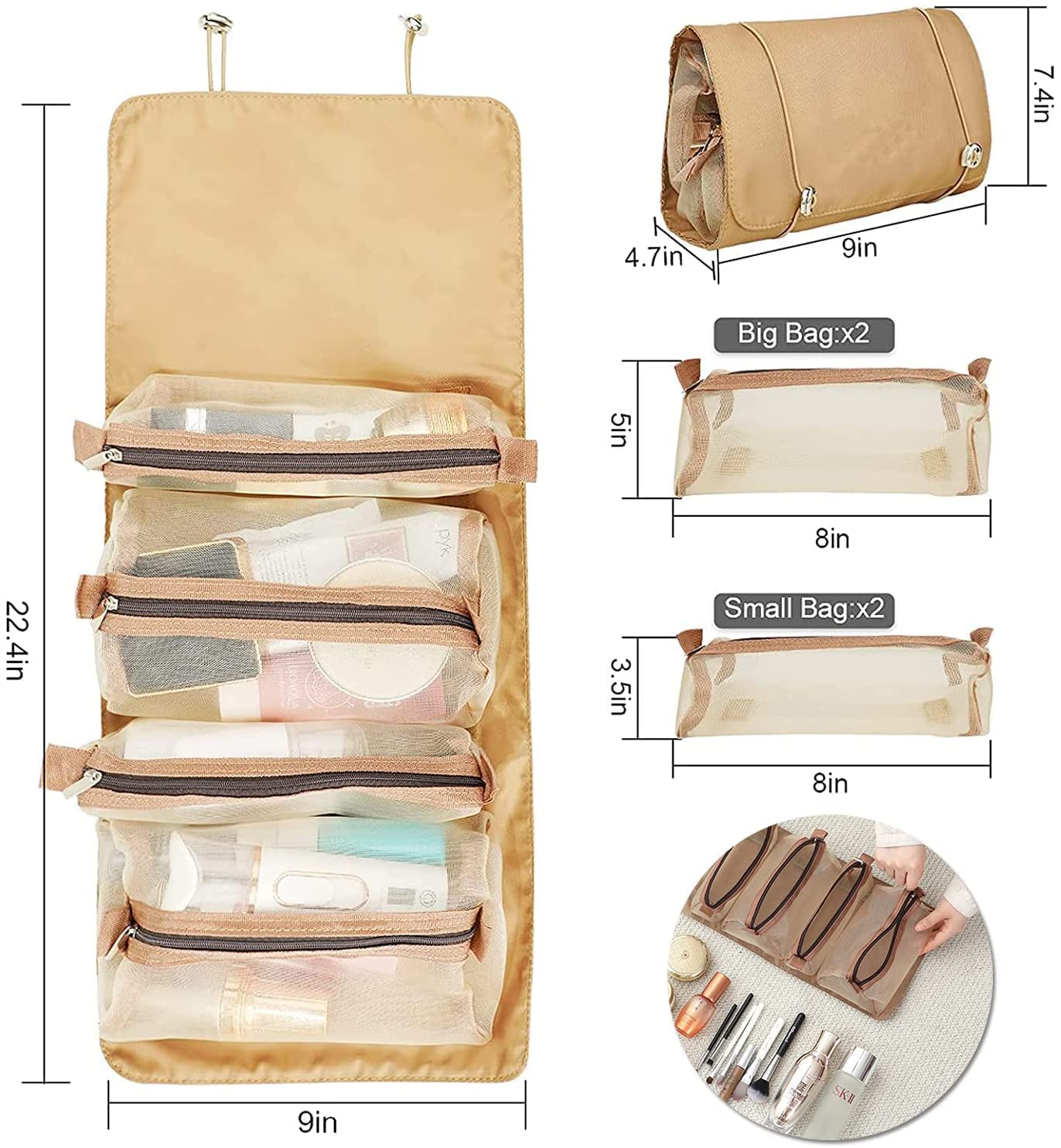 Keetly Waterproof Makeup Bag for Women - Travel Cosmetic Organizer Pouch with Multiple Pockets, Khaki | Perfect for Travel, Gym, and Daily Makeup Storage