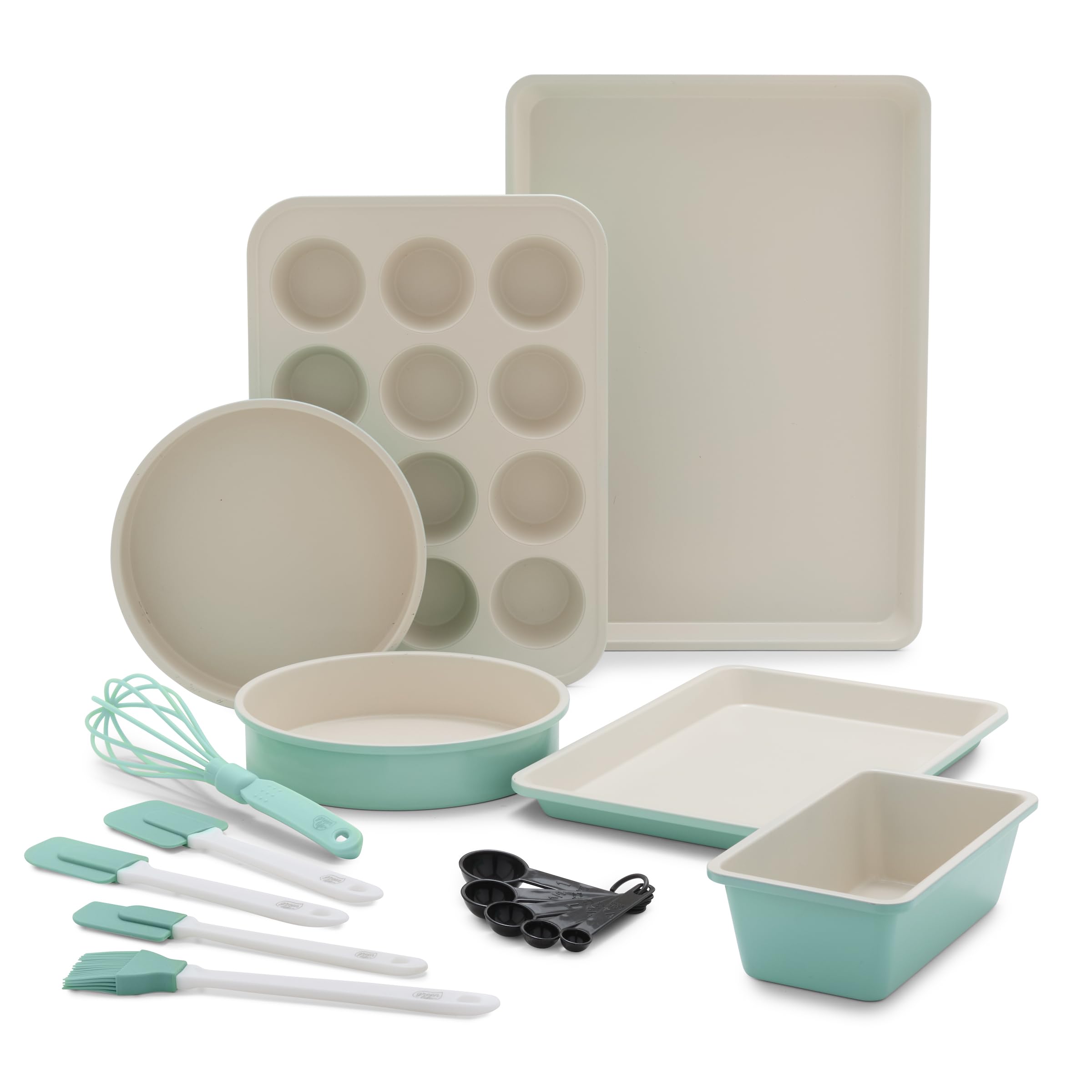 GreenLife Healthy Ceramic Nonstick 12-Piece Bakeware Set - Cookie Sheets, Muffin Pans, Cake & Loaf Pans with Utensils | PFAS-Free, Turquoise | Perfect for Baking Cookies, Cakes & Breads at Home