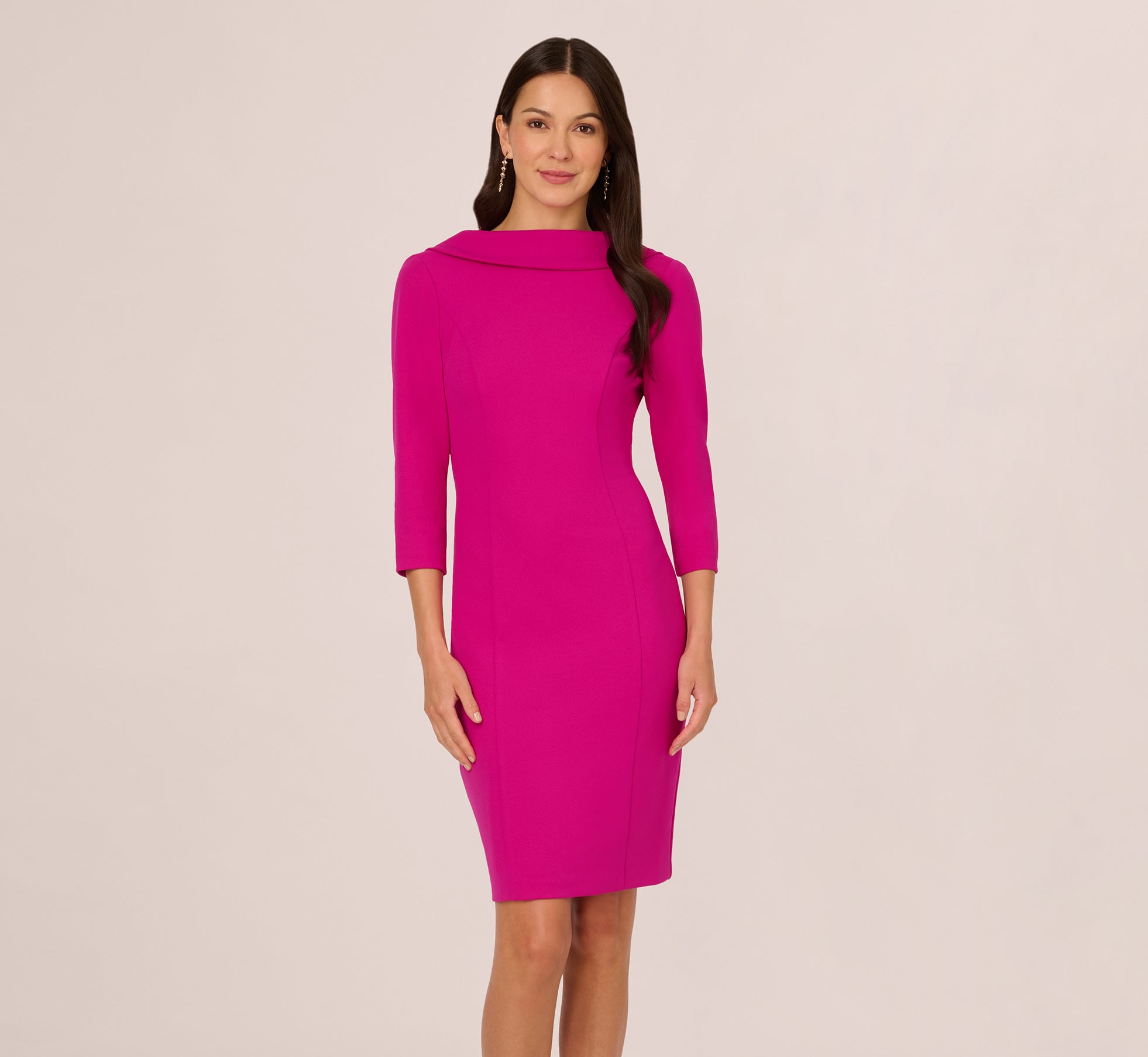 Elegant Pink Flambe Three-Quarter Sleeve Crepe Midi Dress with Rolled Neckline | Perfect for Cocktail Parties, Date Nights & Spring Weddings