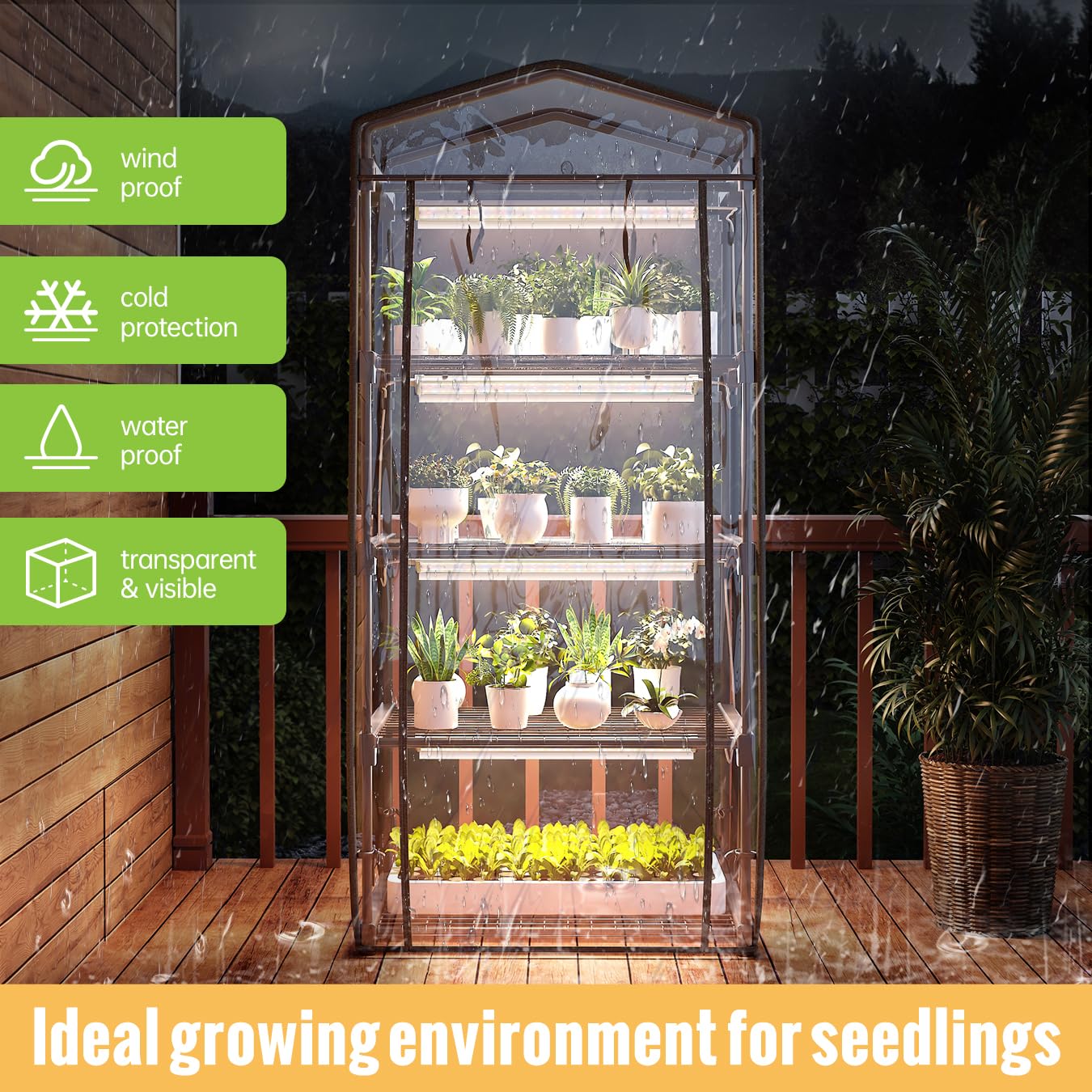 4-Tier Mini Indoor/Outdoor Greenhouse with Dimmable Grow Lights - 26.4