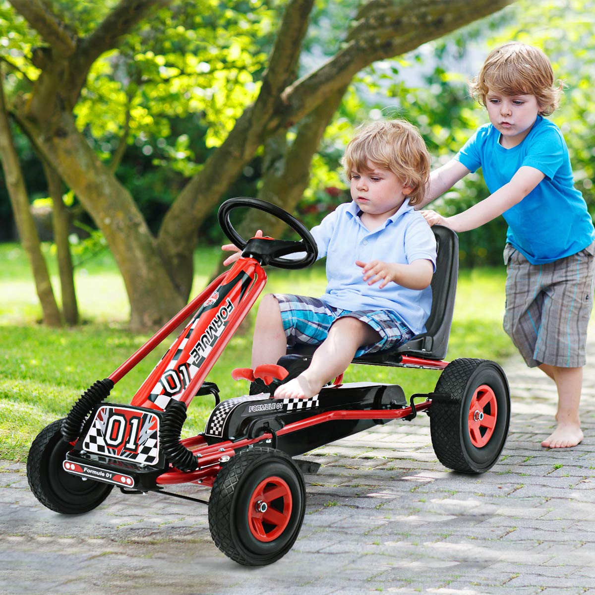**HONEY JOY Kids Go Kart - 4 Wheel Off-Road Pedal Car with Steering Wheel, Adjustable Seat, 2 Safety Brakes & EVA Tires - Outdoor Ride-On Toy for Boys & Girls - Perfect for Backyard, Park & Driveway Fun (Red)**