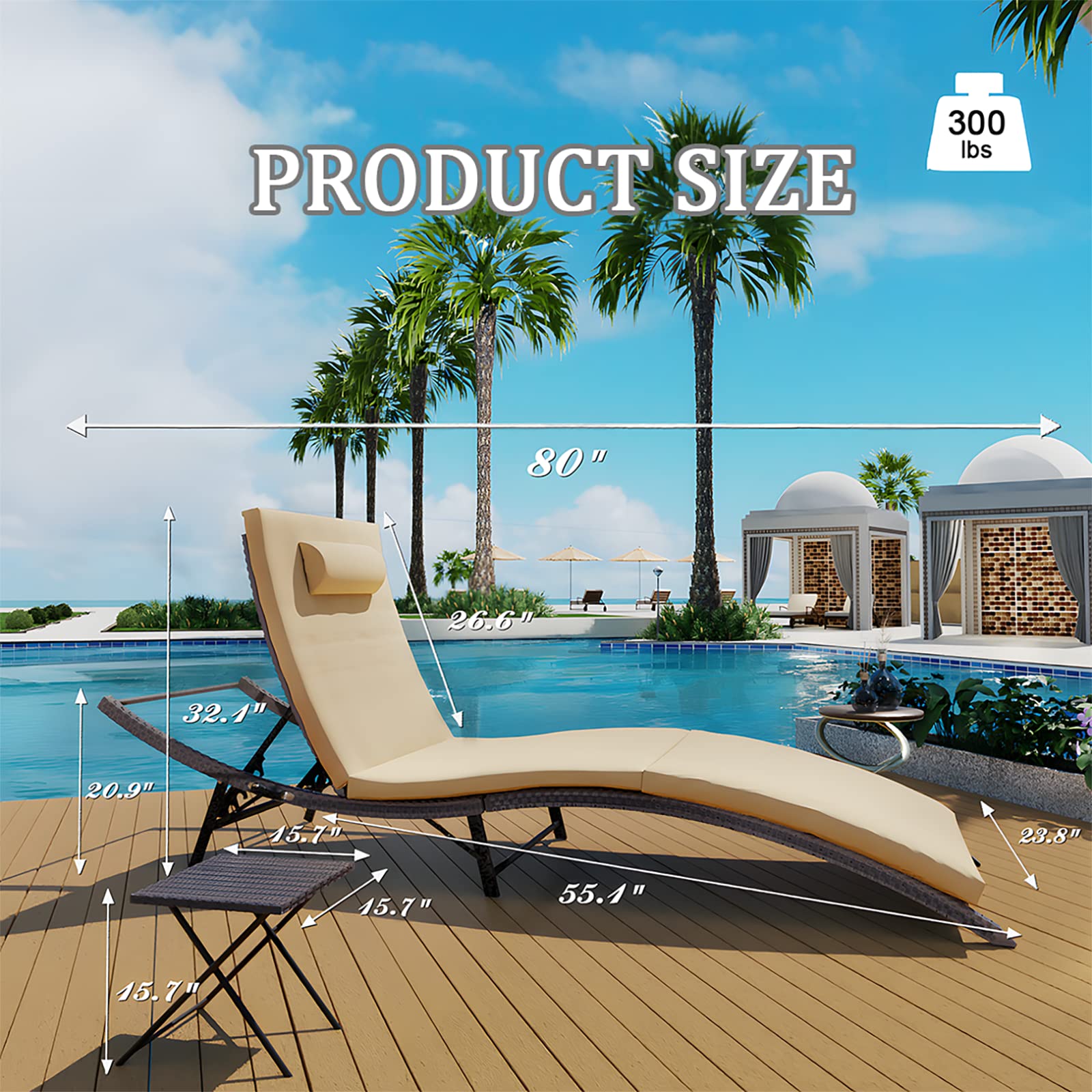 Kullavik 3-Piece Outdoor Chaise Lounge Set with Folding Pool Chairs & Rattan Table - Khaki Patio Furniture for Backyard, Poolside & Garden Relaxation